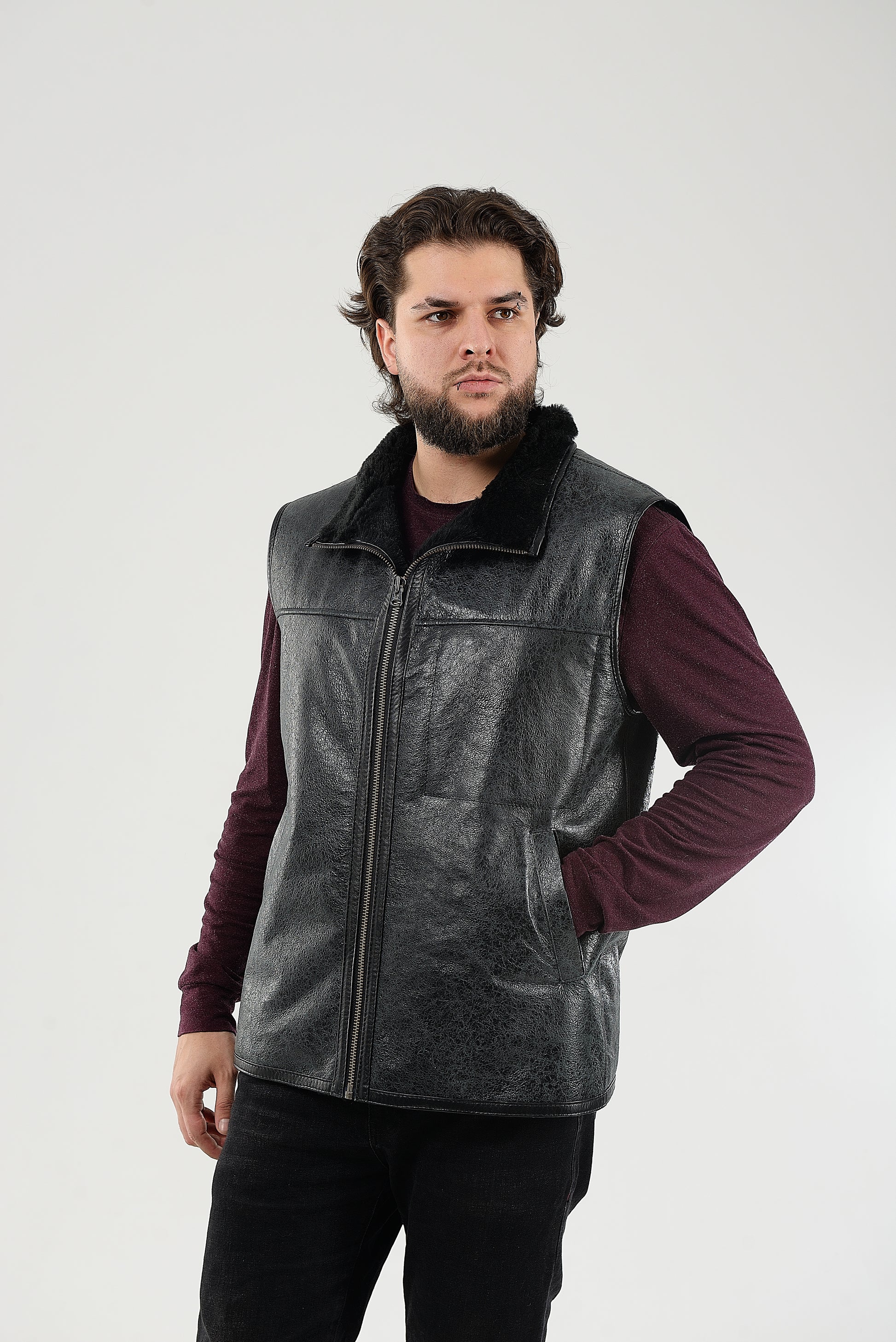 Warm Western Men's Sheepskin Vest with Secret Zip Front Pocket