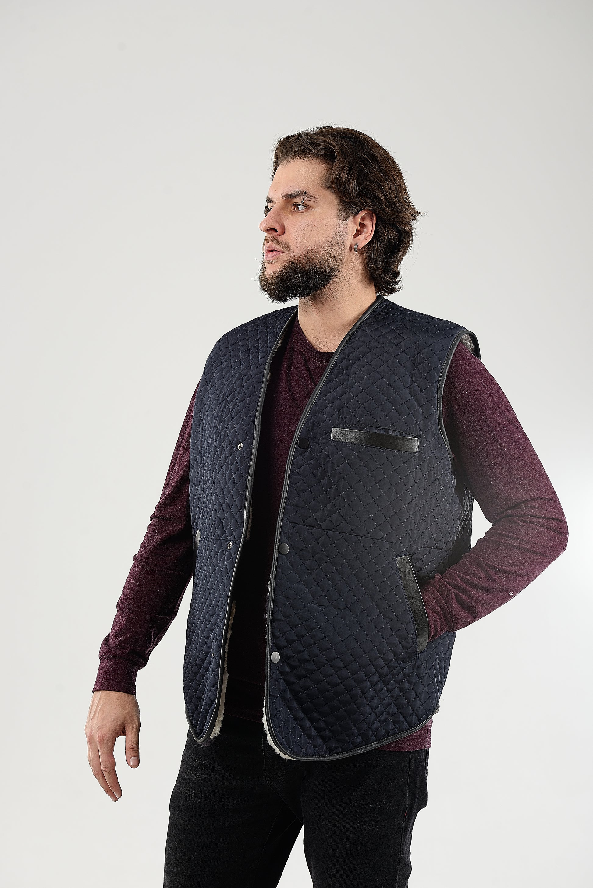 Blue Warm Men Sleeveless Quilted Sheepskin Jacket, Vest Rancher, Western Styling With Pockets