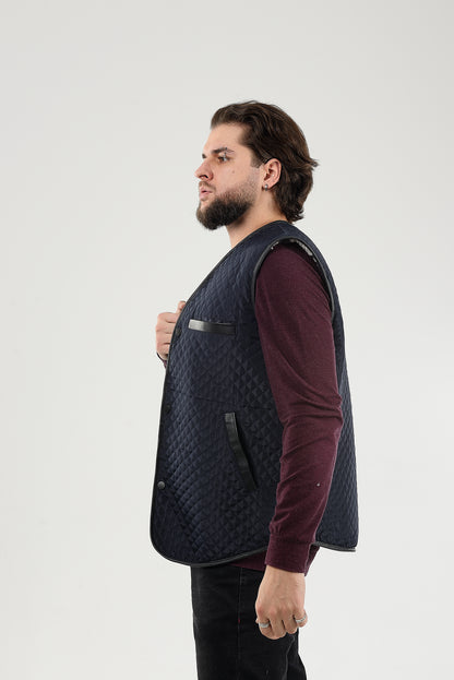 Blue Warm Men Sleeveless Quilted Sheepskin Jacket, Vest Rancher, Western Styling With Pockets