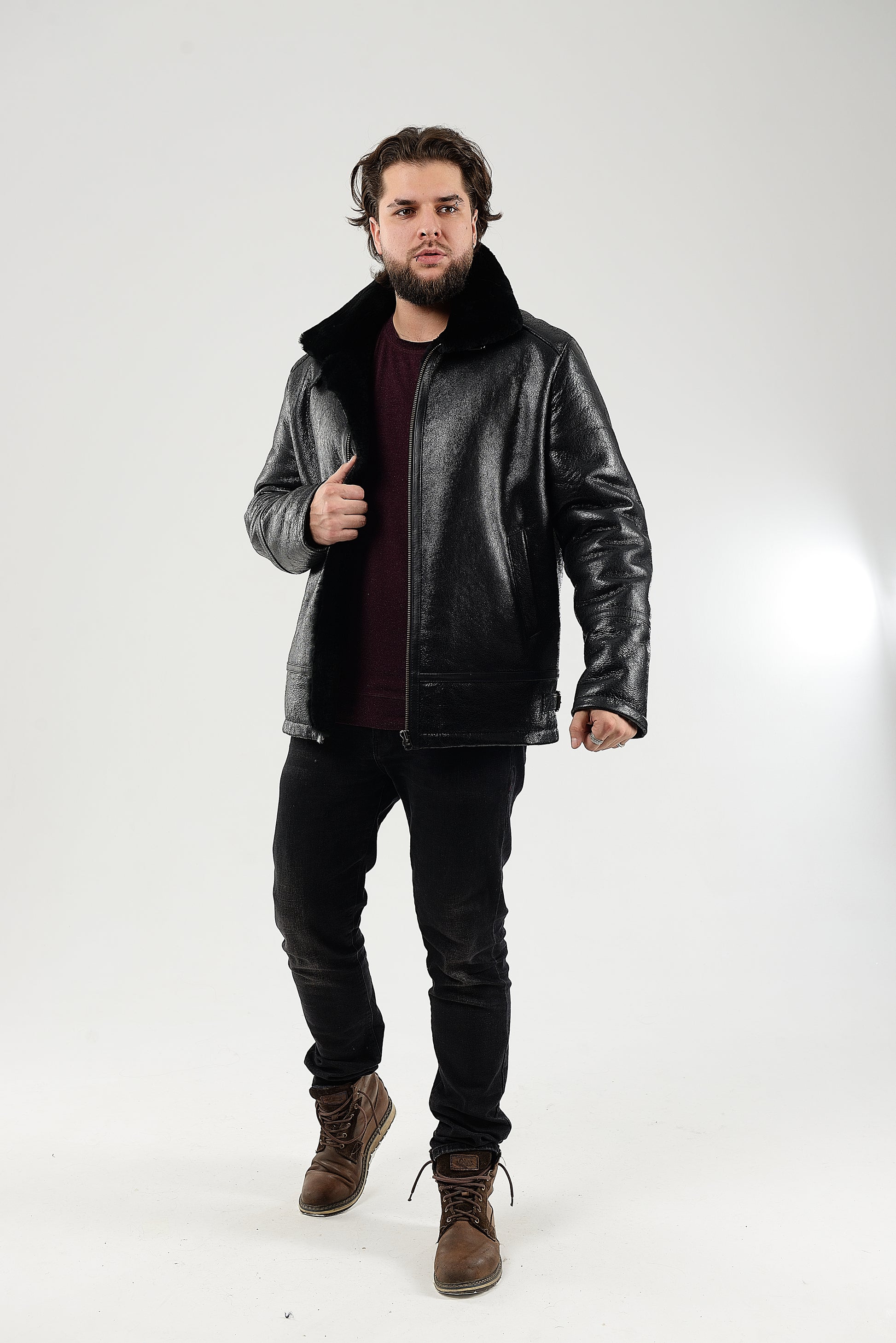 Real Winter Leather Mens Shearling Pilot Jacket in Black Color with Fur Collar