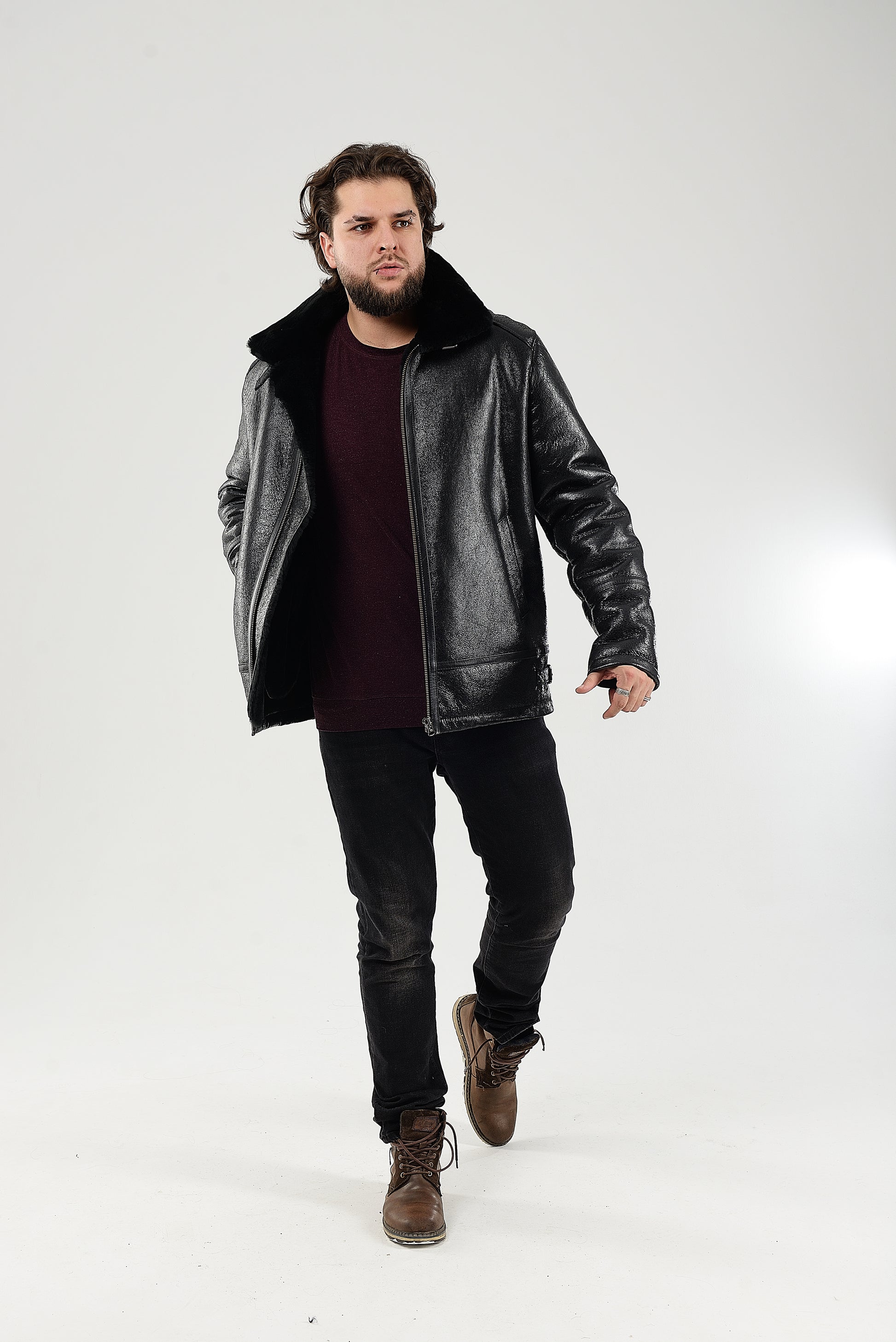 Real Winter Leather Mens Shearling Pilot Jacket in Black Color with Fur Collar