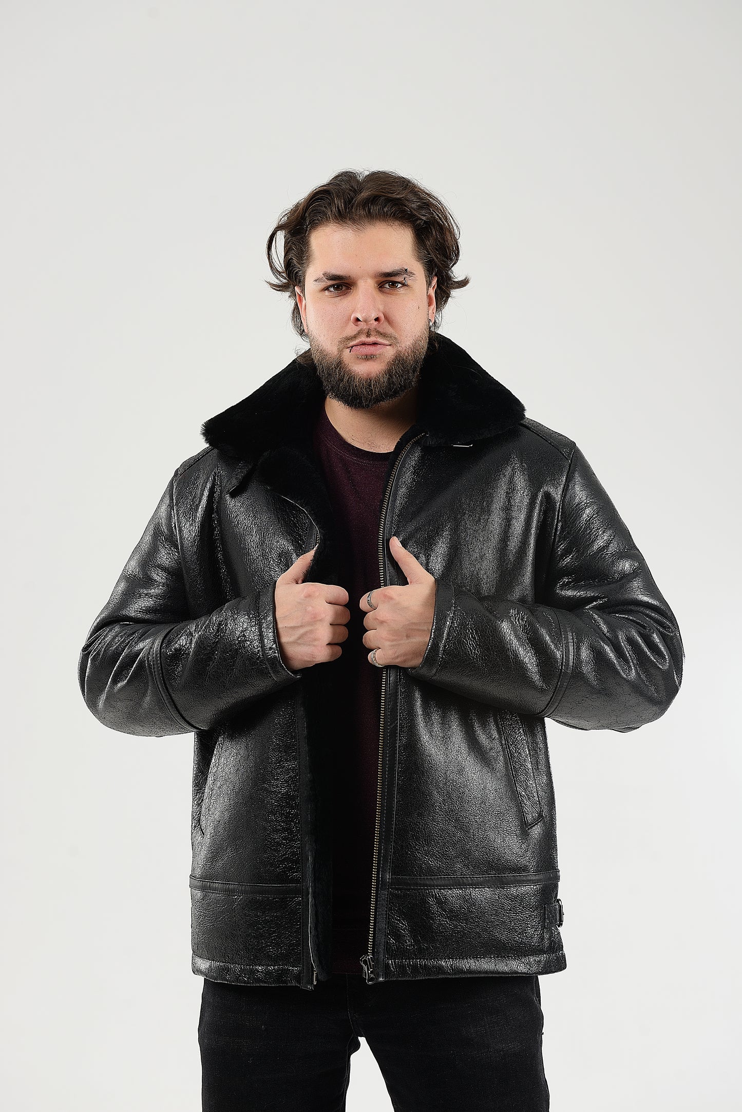 Real Winter Leather Mens Shearling Pilot Jacket in Black Color with Fur Collar