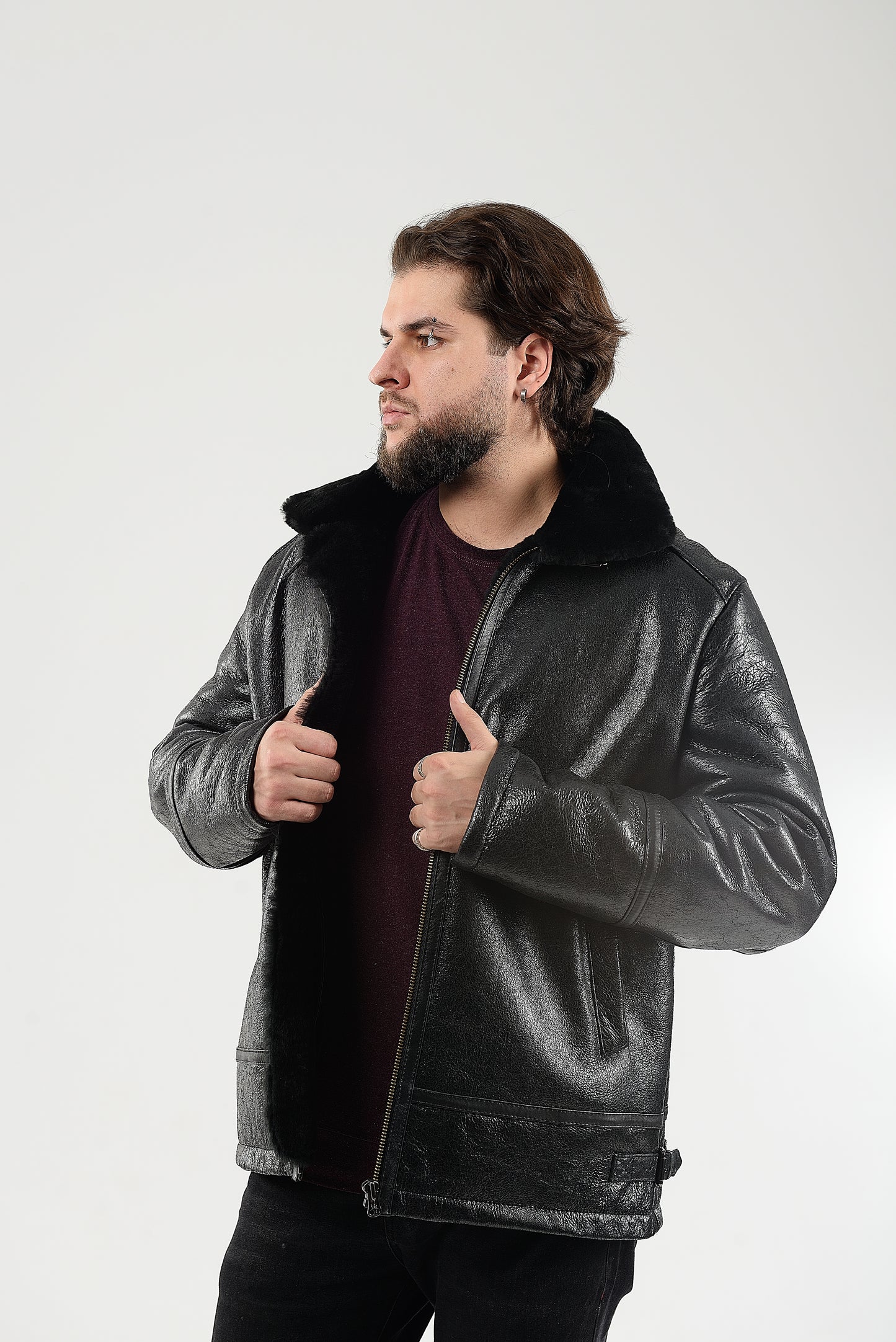 Real Winter Leather Mens Shearling Pilot Jacket in Black Color with Fur Collar