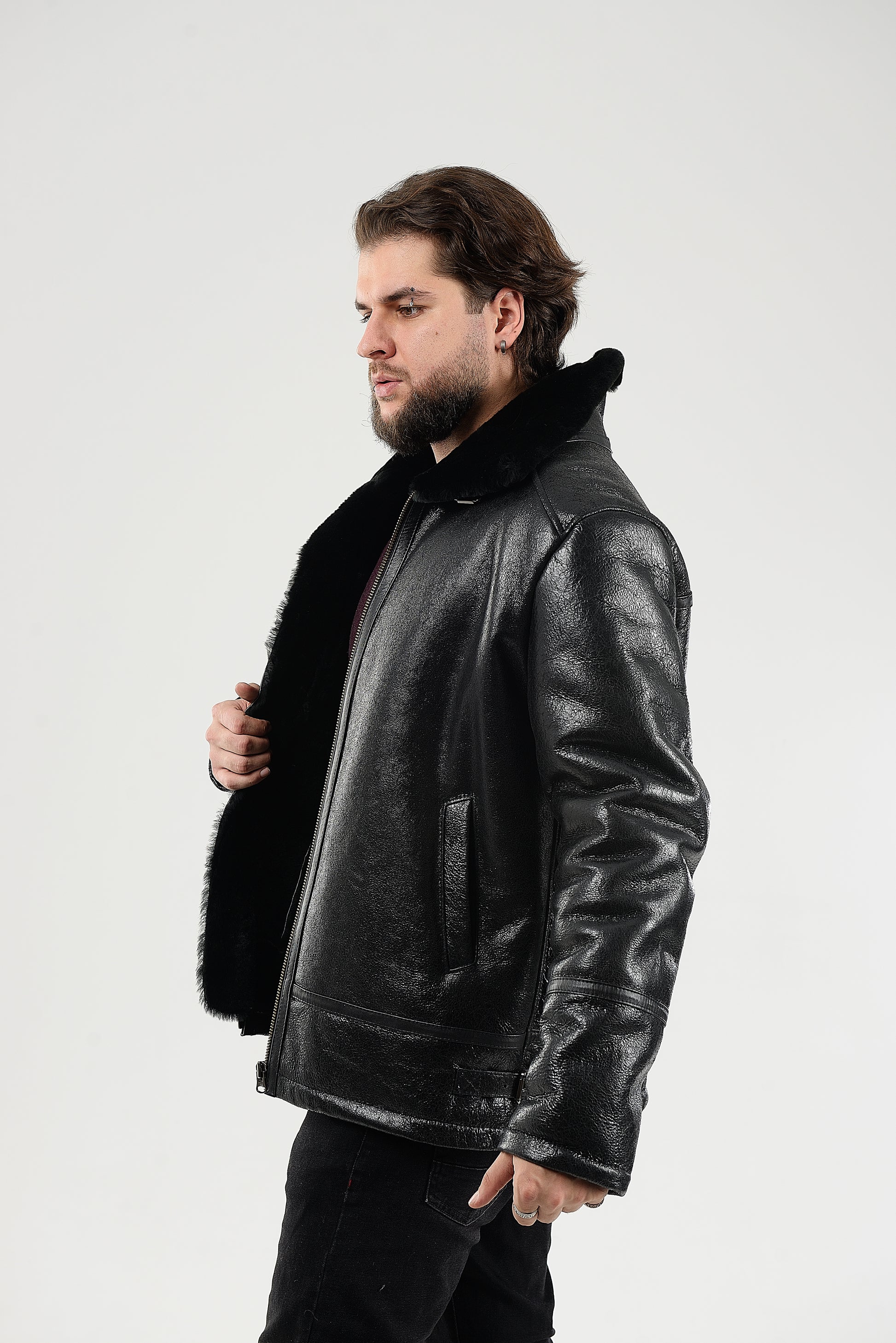 Real Winter Leather Mens Shearling Pilot Jacket in Black Color with Fur Collar