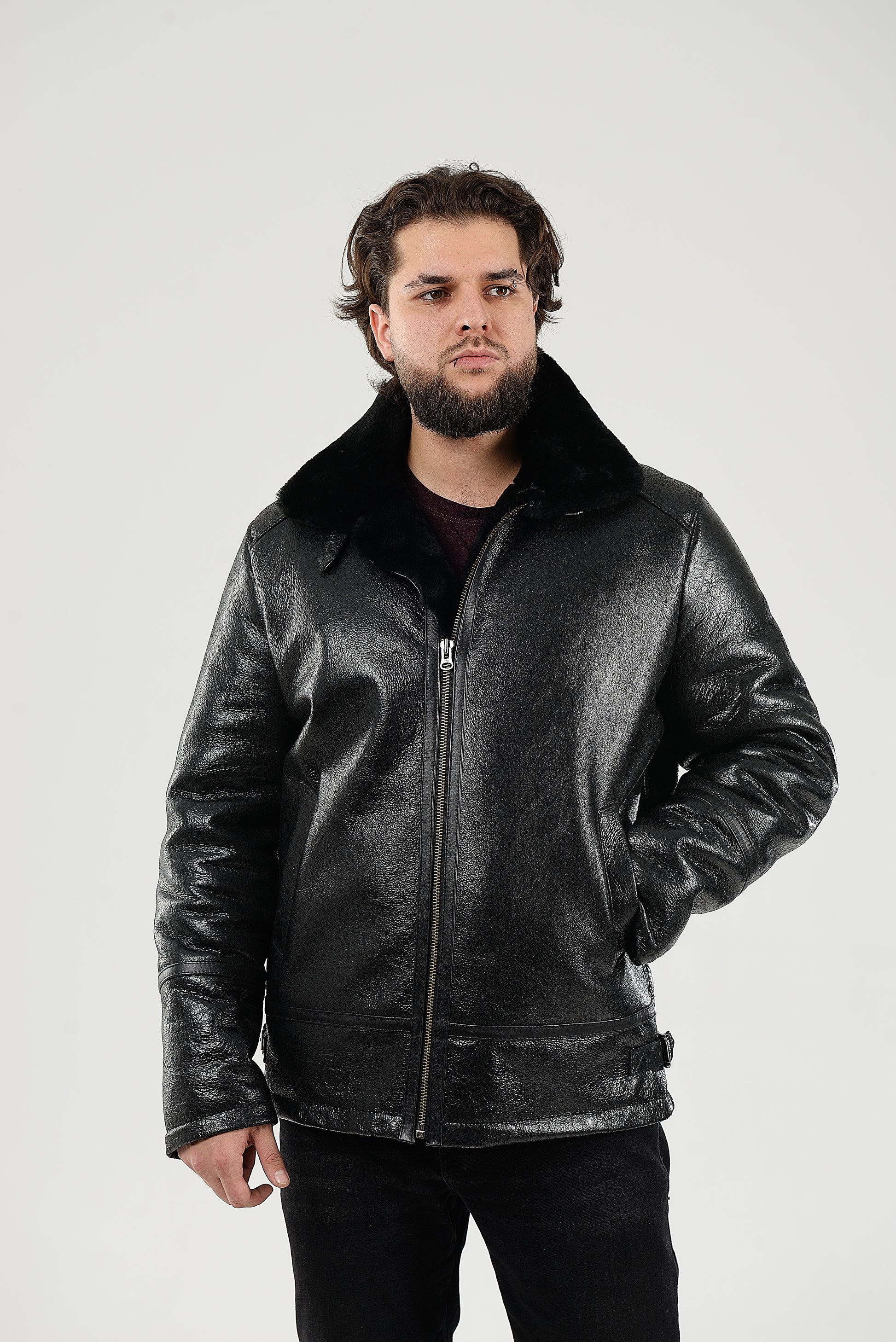 Real Winter Leather Mens Shearling Pilot Jacket in Black Color with Fur Collar