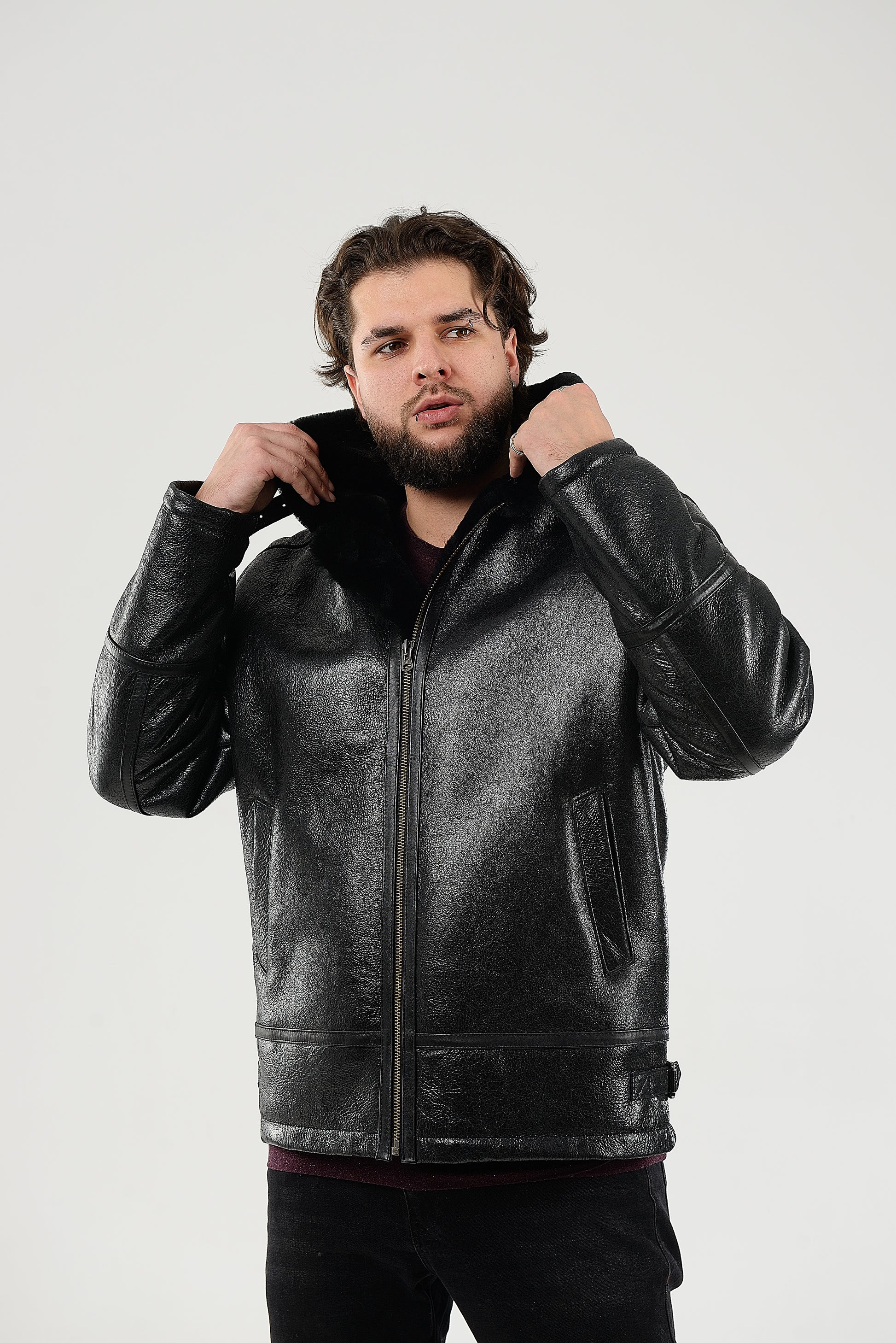 Real Winter Leather Mens Shearling Pilot Jacket in Black Color with Fur Collar