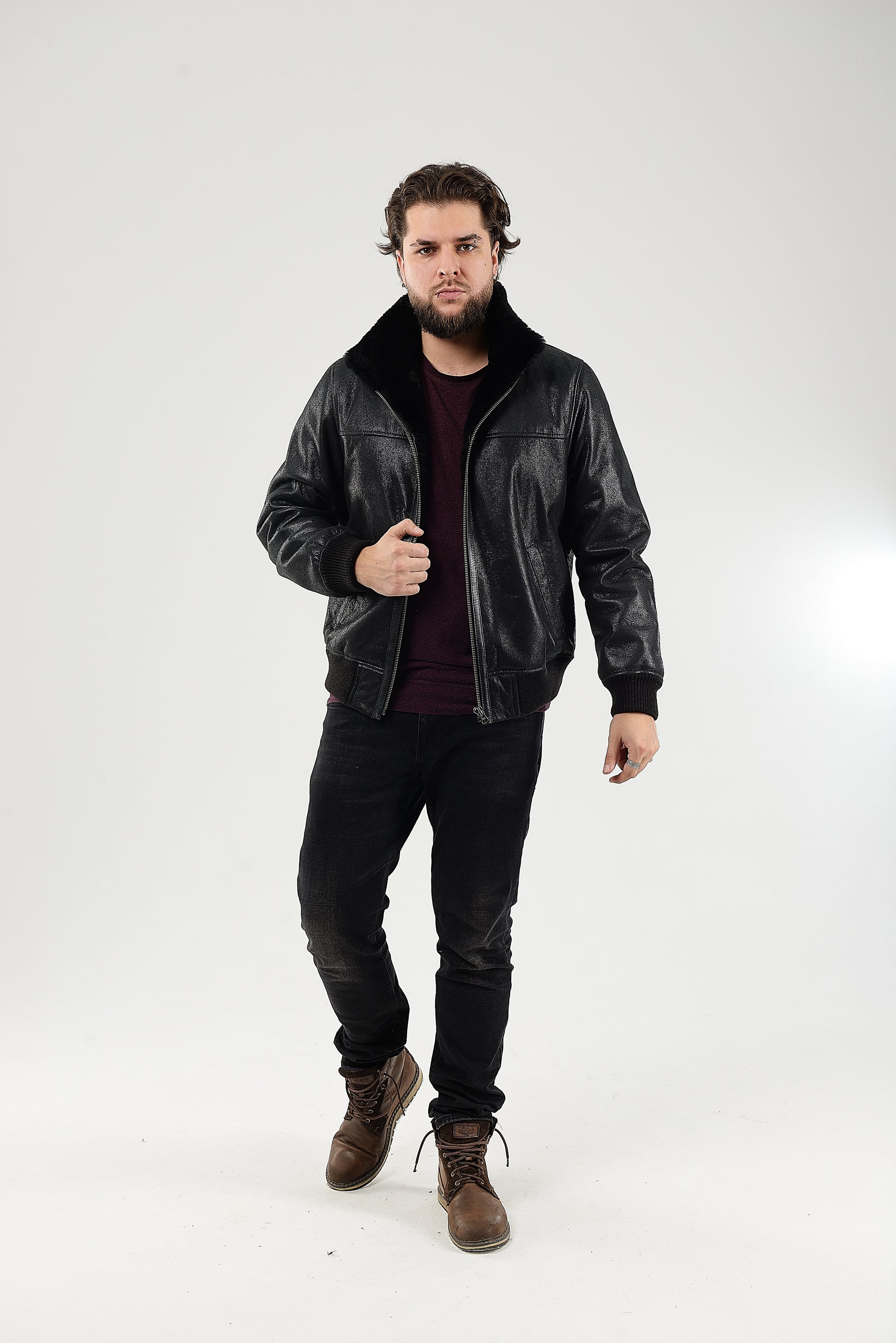 Lightweight Real Shearling Sheepskin Leather Mens Jacket in Black Color