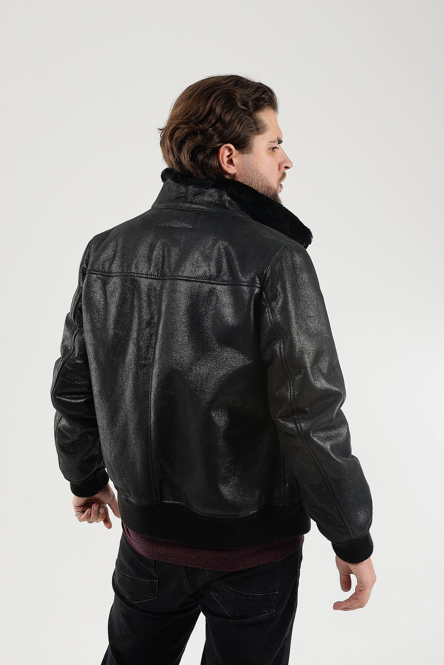 Lightweight Real Shearling Sheepskin Leather Mens Jacket in Black Color