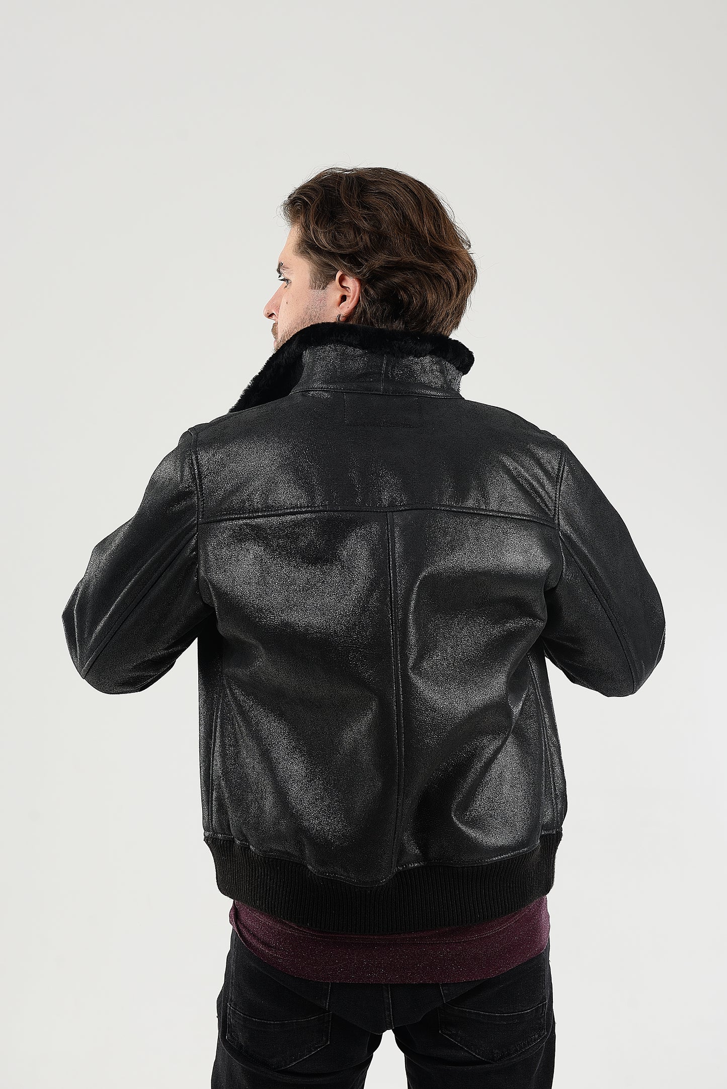 Lightweight Real Shearling Sheepskin Leather Mens Jacket in Black Color