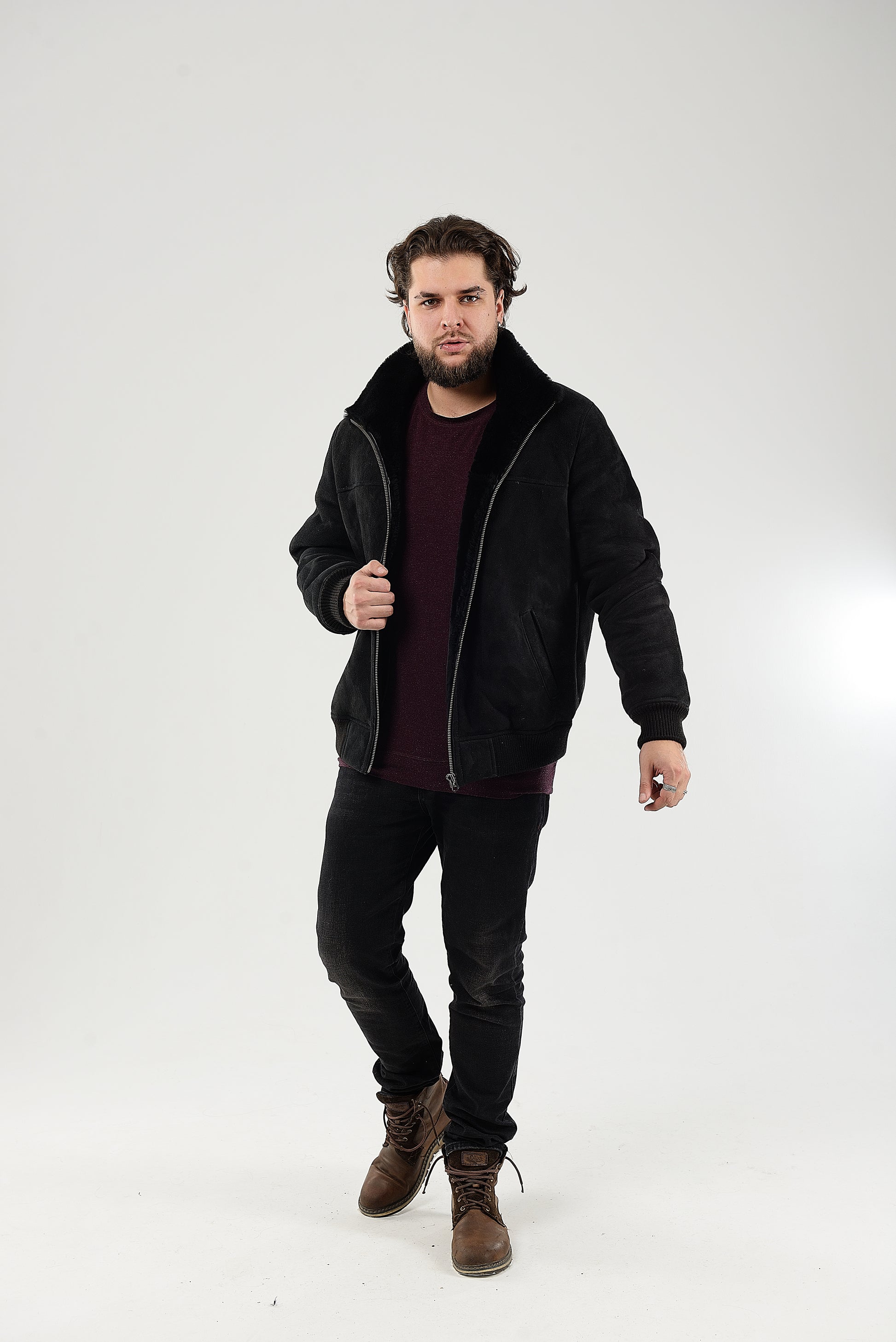 Lightweight Real Shearling Sheepskin Leather Mens Jacket in Velvet Black Color