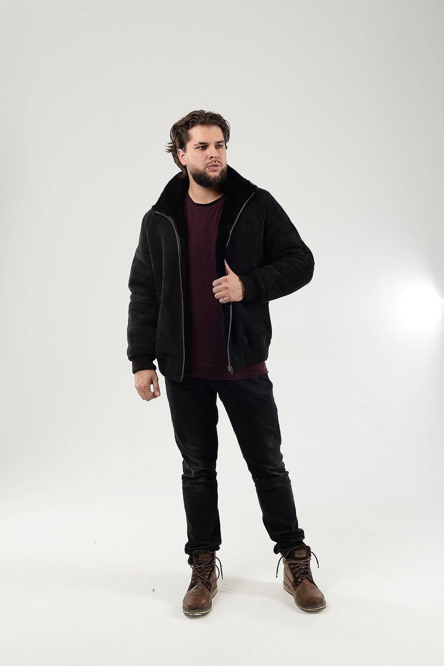 Lightweight Real Shearling Sheepskin Leather Mens Jacket in Velvet Black Color