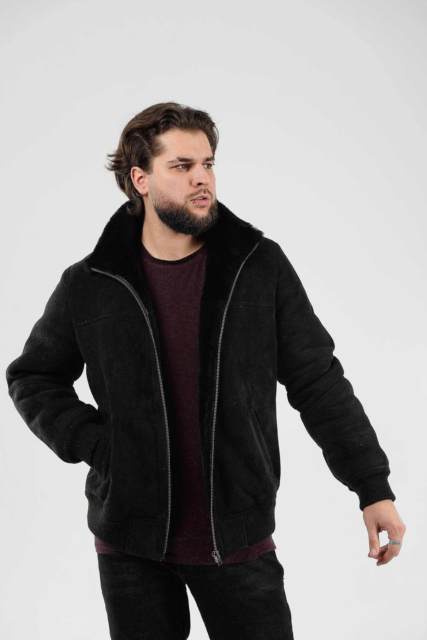 Lightweight Real Shearling Sheepskin Leather Mens Jacket in Velvet Black Color