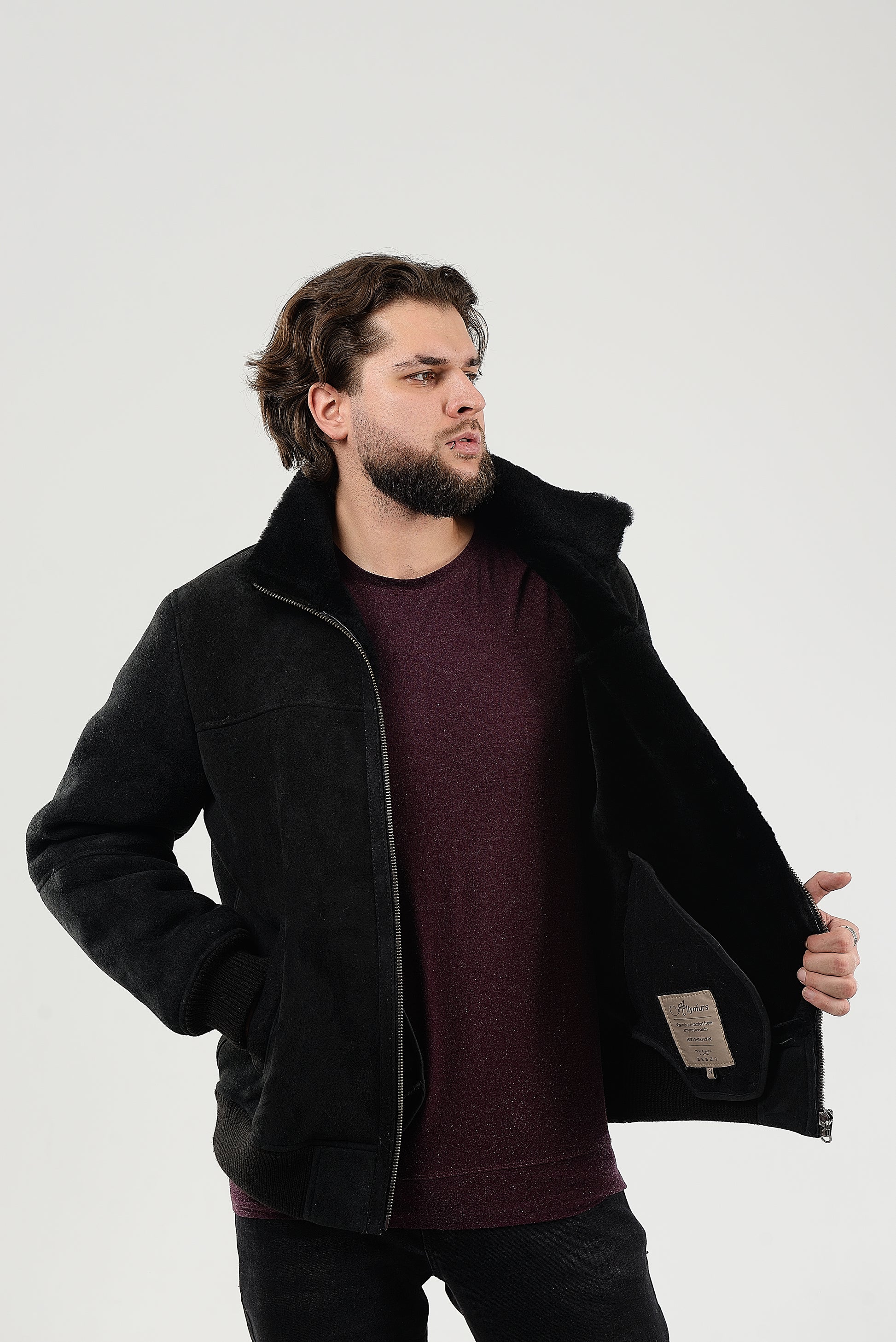 Lightweight Real Shearling Sheepskin Leather Mens Jacket in Velvet Black Color