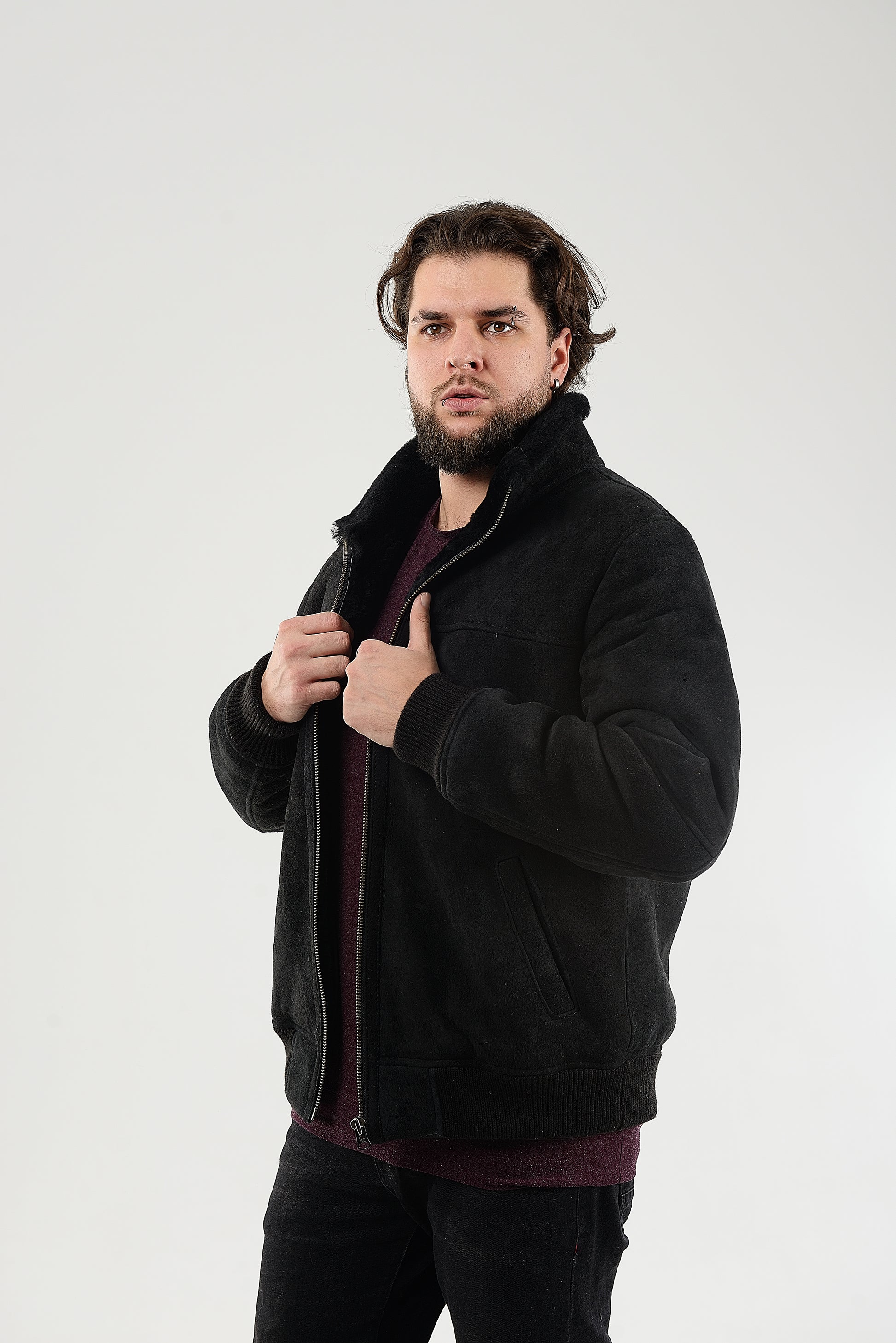 Lightweight Real Shearling Sheepskin Leather Mens Jacket in Velvet Black Color