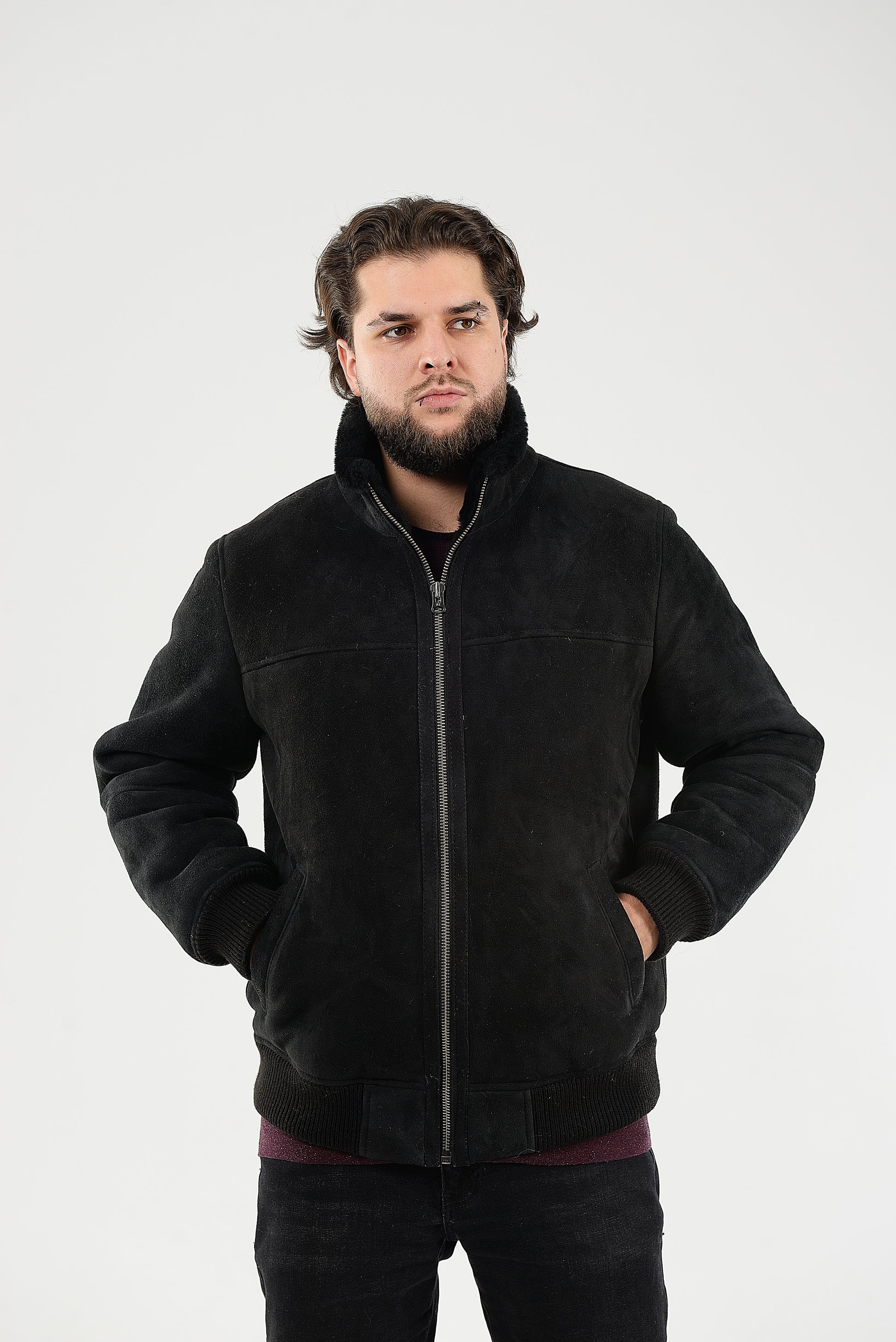 Lightweight Real Shearling Sheepskin Leather Mens Jacket in Velvet Black Color