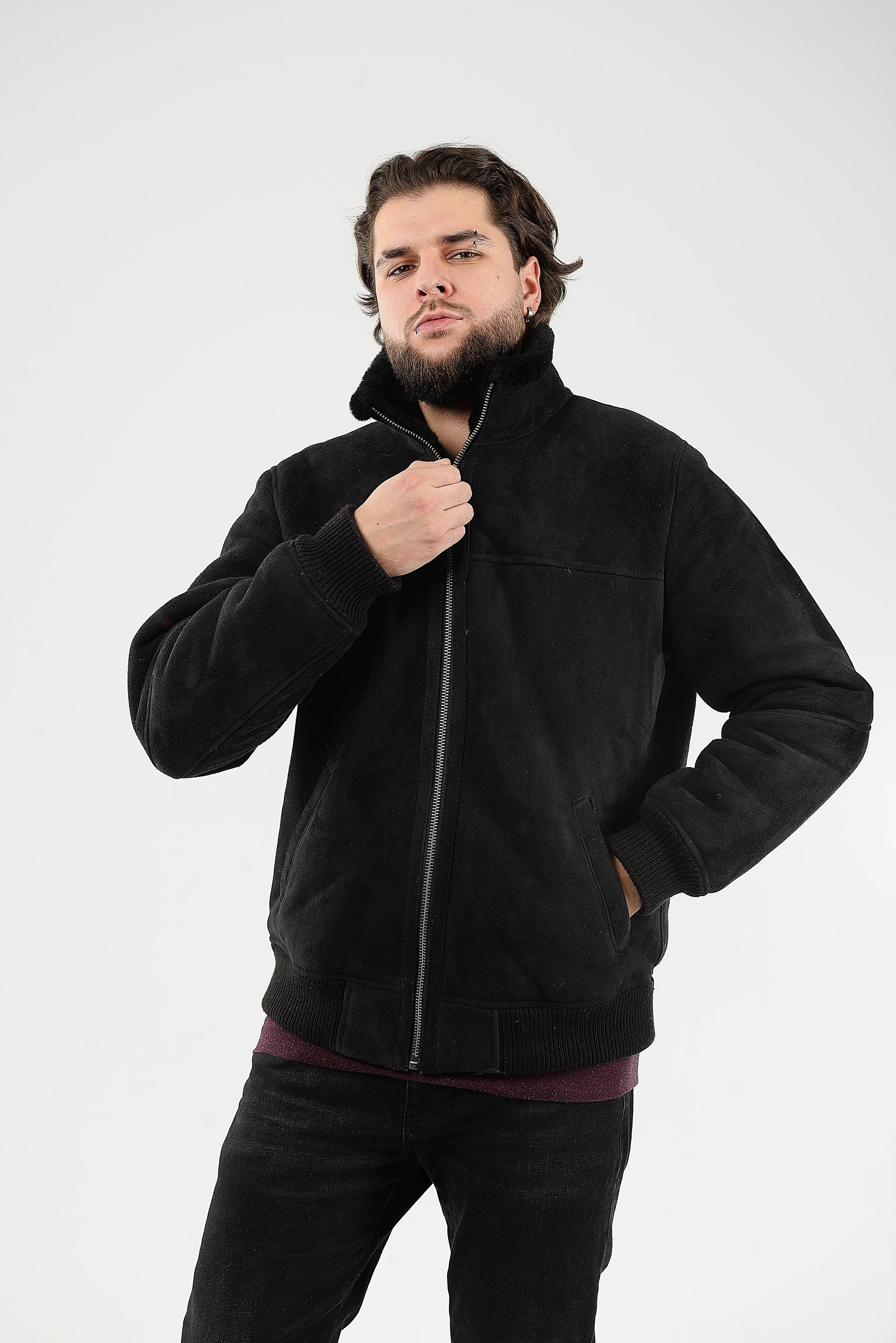 Lightweight Real Shearling Sheepskin Leather Mens Jacket in Velvet Black Color