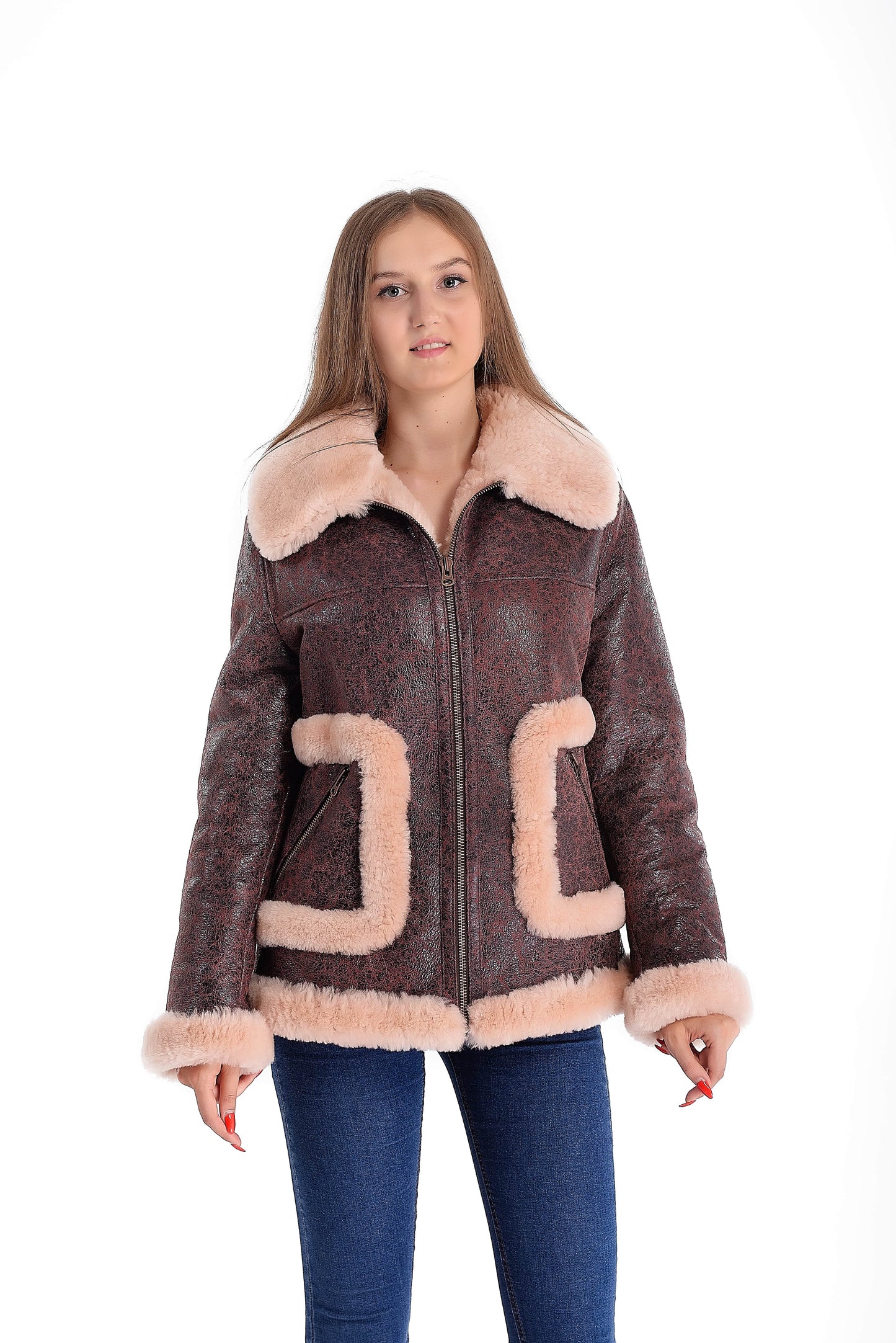 Sheepskin Shearling Womens Jacket with Beige Fur Around the Edges of the Pockets