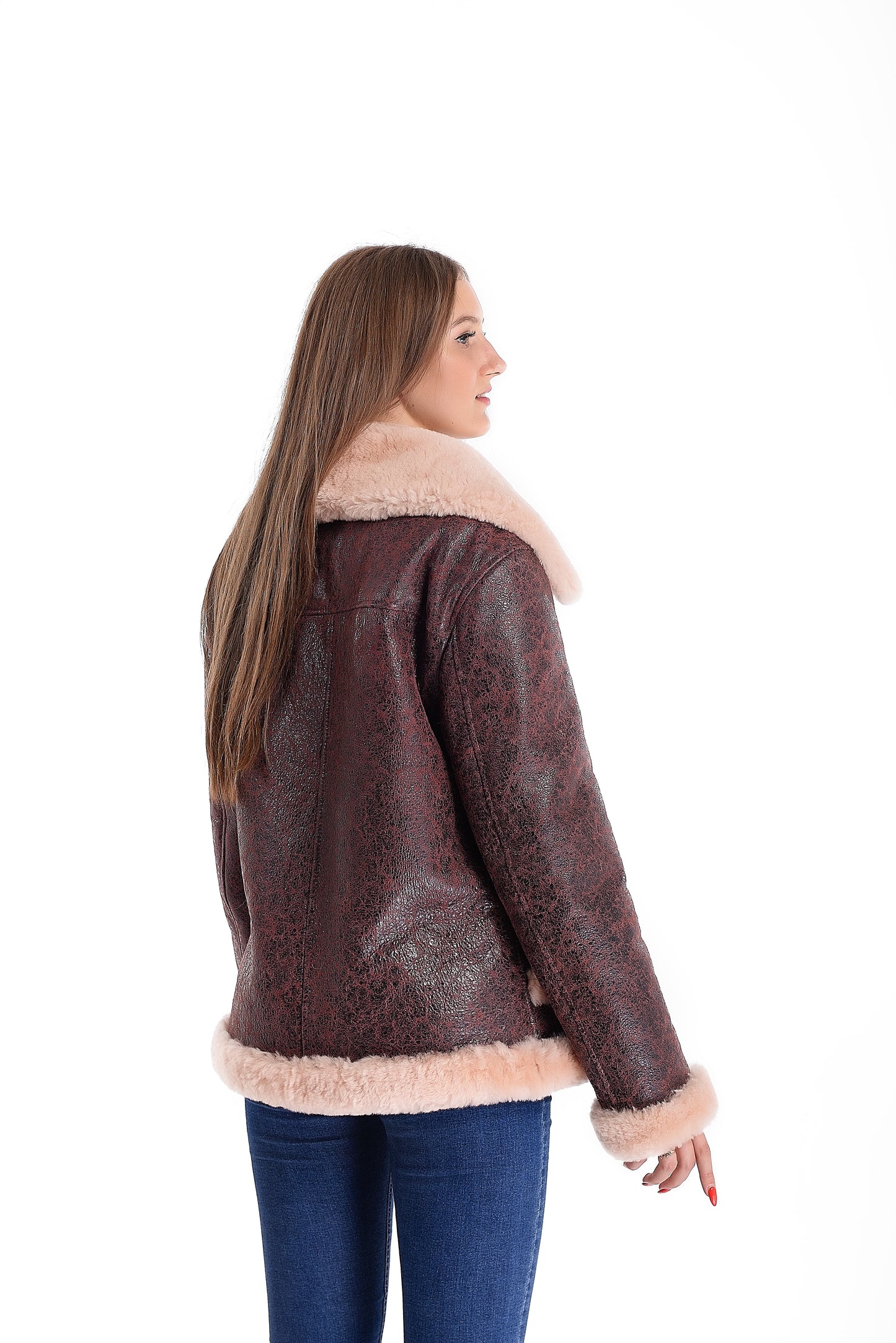 Sheepskin Shearling Womens Jacket with Beige Fur Around the Edges of the Pockets