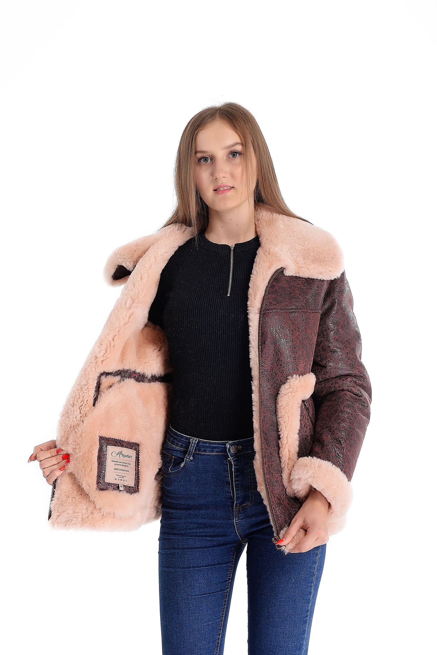 Sheepskin Shearling Womens Jacket with Beige Fur Around the Edges of the Pockets