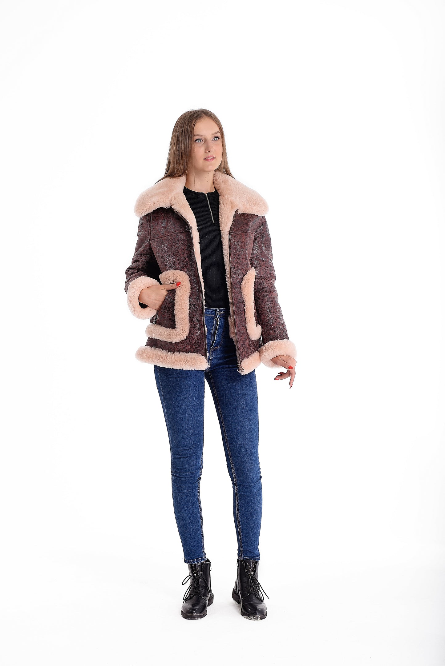 Sheepskin Shearling Womens Jacket with Beige Fur Around the Edges of the Pockets