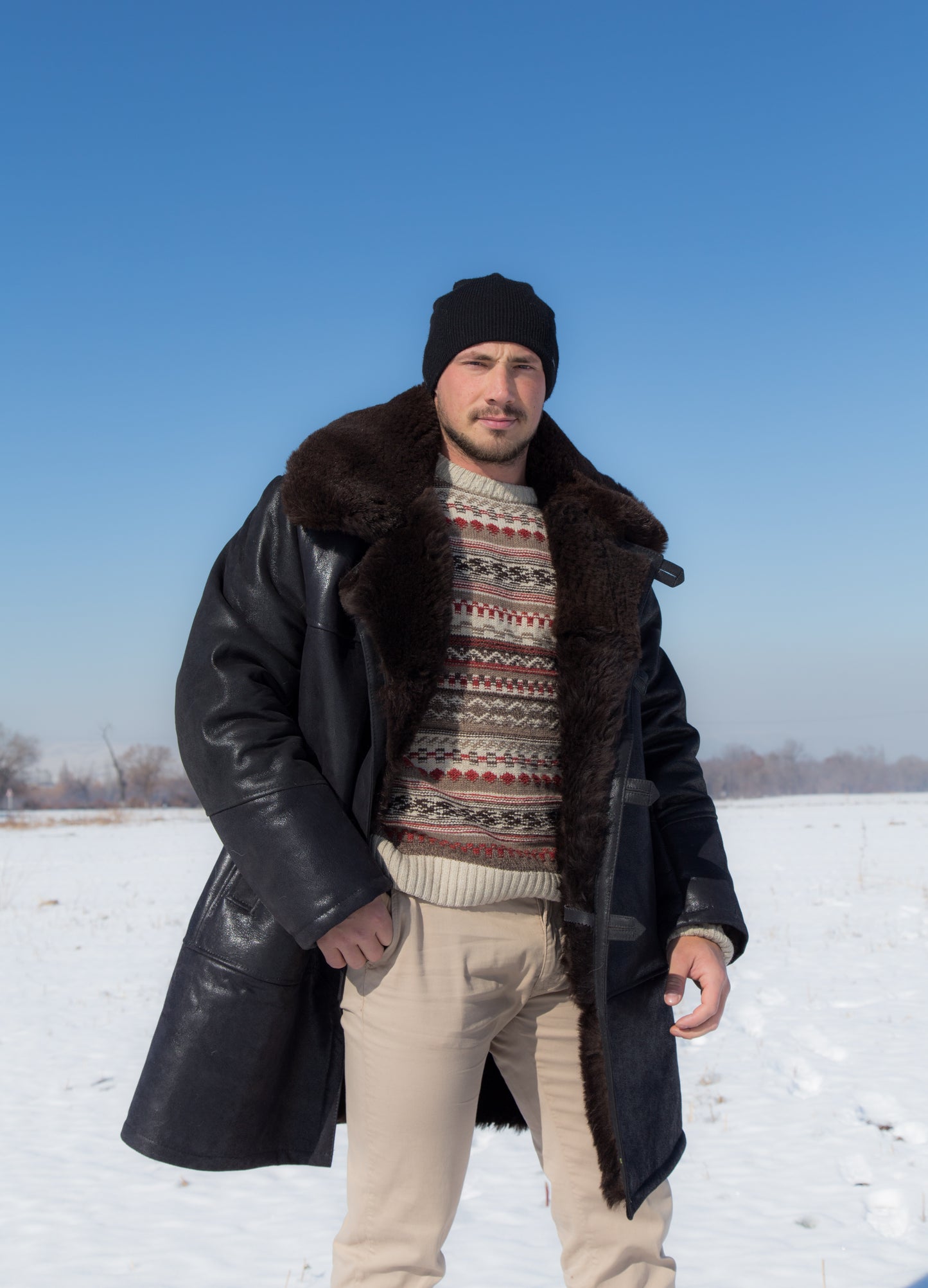 Men’s Long Shearling Sheepskin Coat – Black