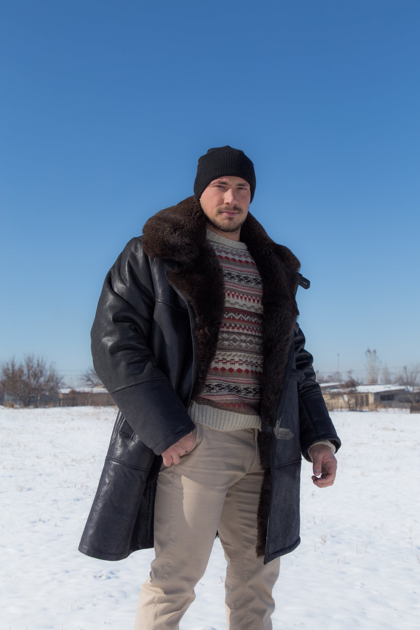 Men’s Long Shearling Sheepskin Coat – Black