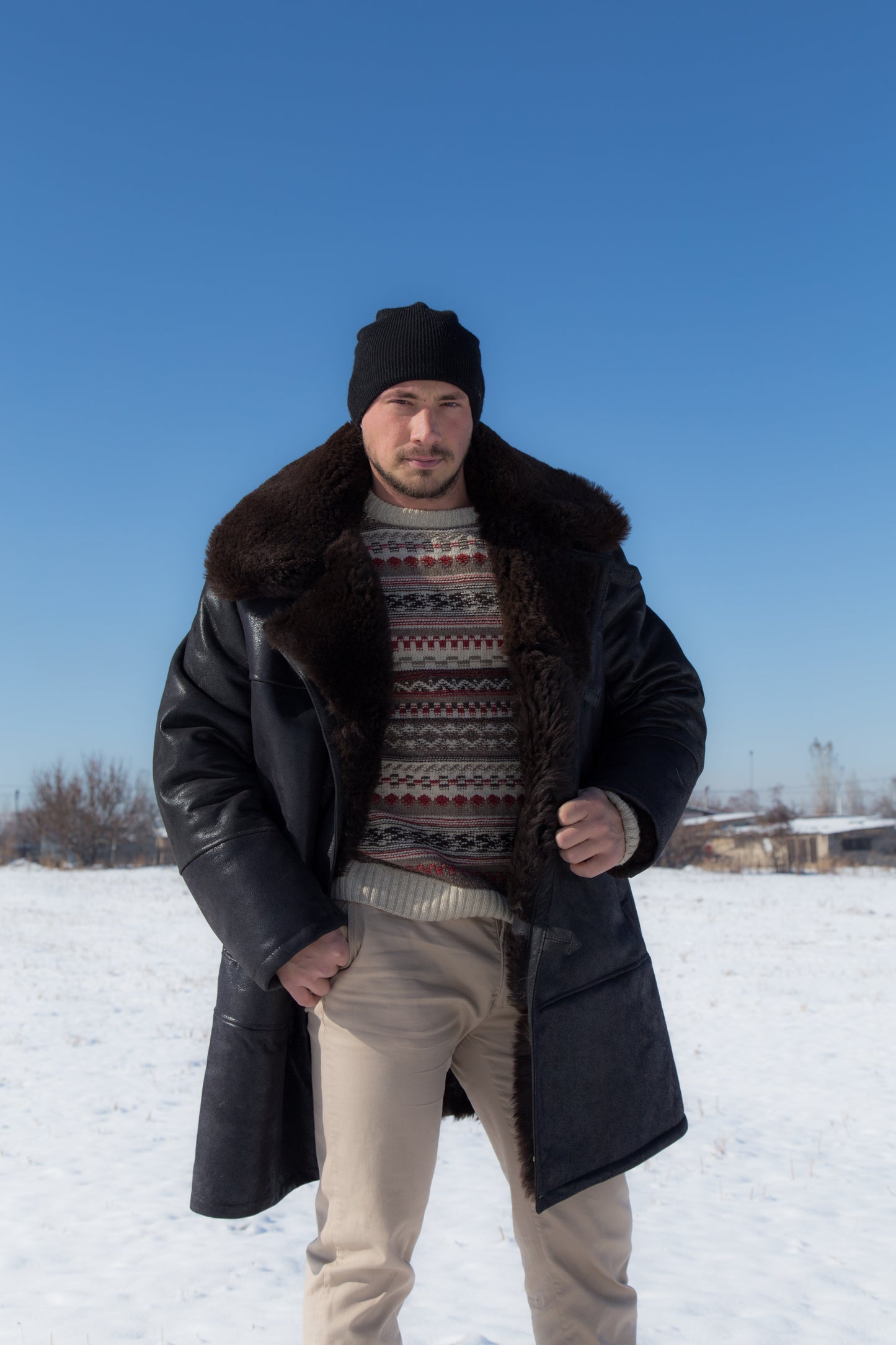 Men’s Long Shearling Sheepskin Coat – Black