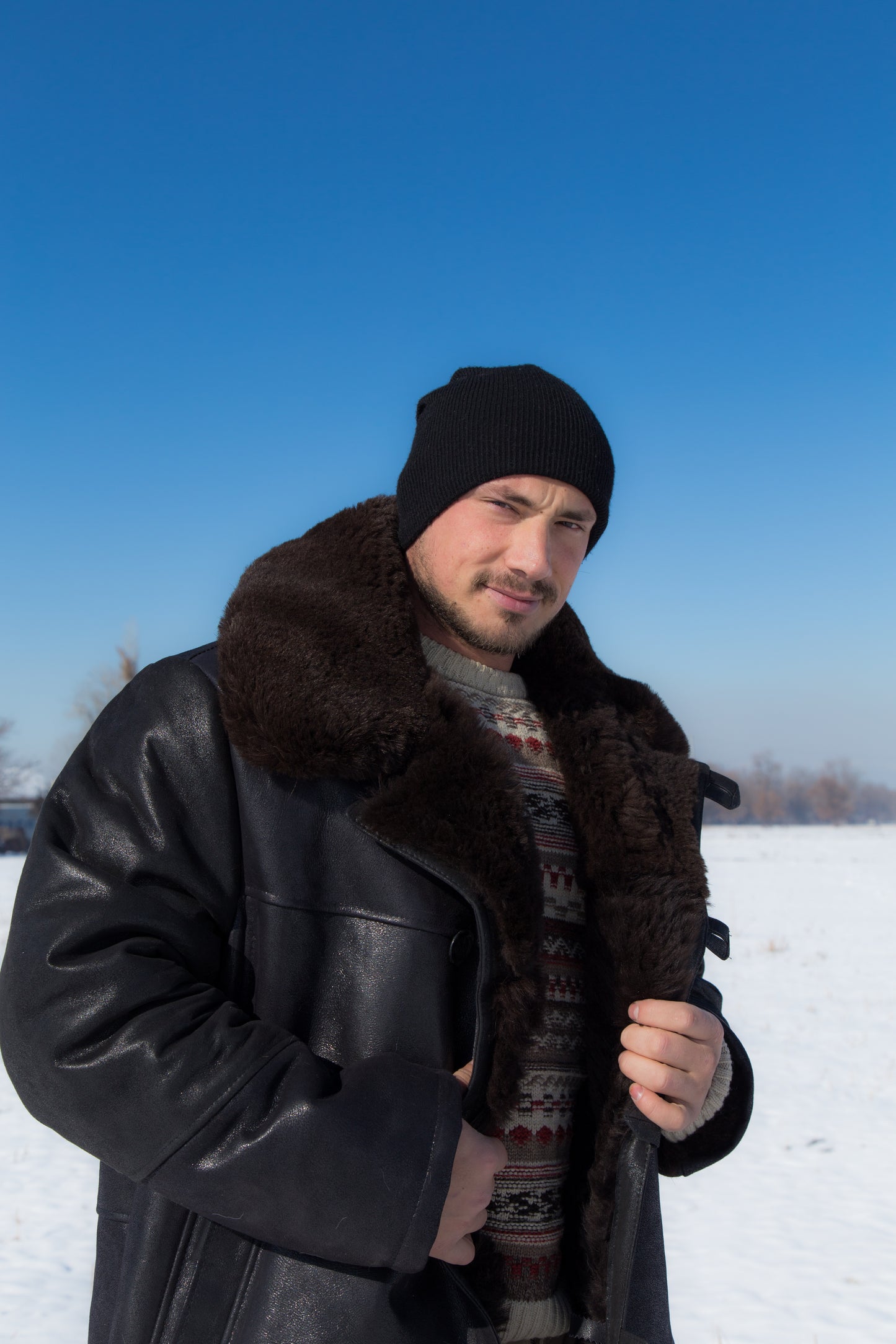 Men’s Long Shearling Sheepskin Coat – Black