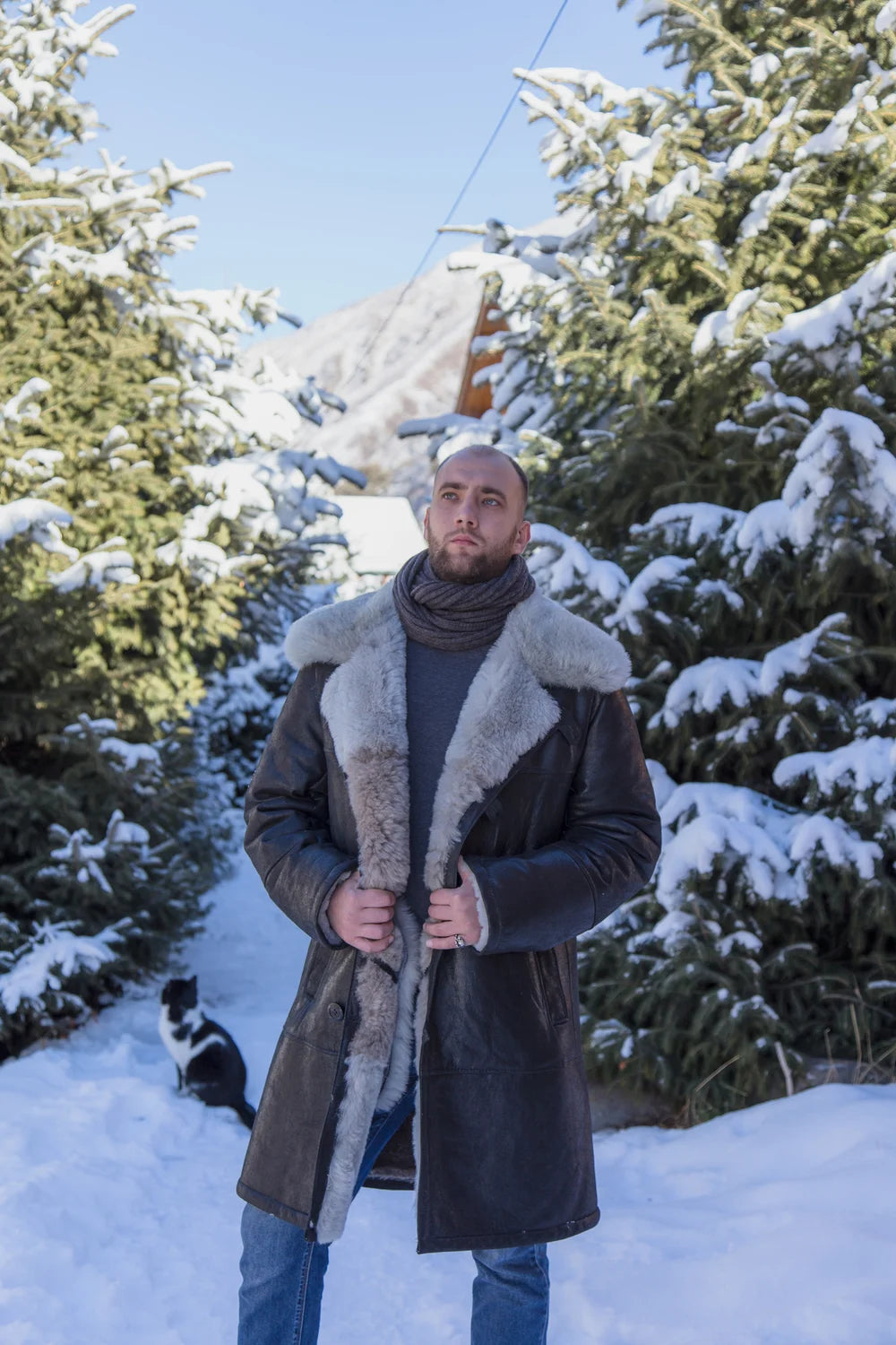 Mens Long Traditional Shearling Sheepskin Coat in Brown Color with light fur