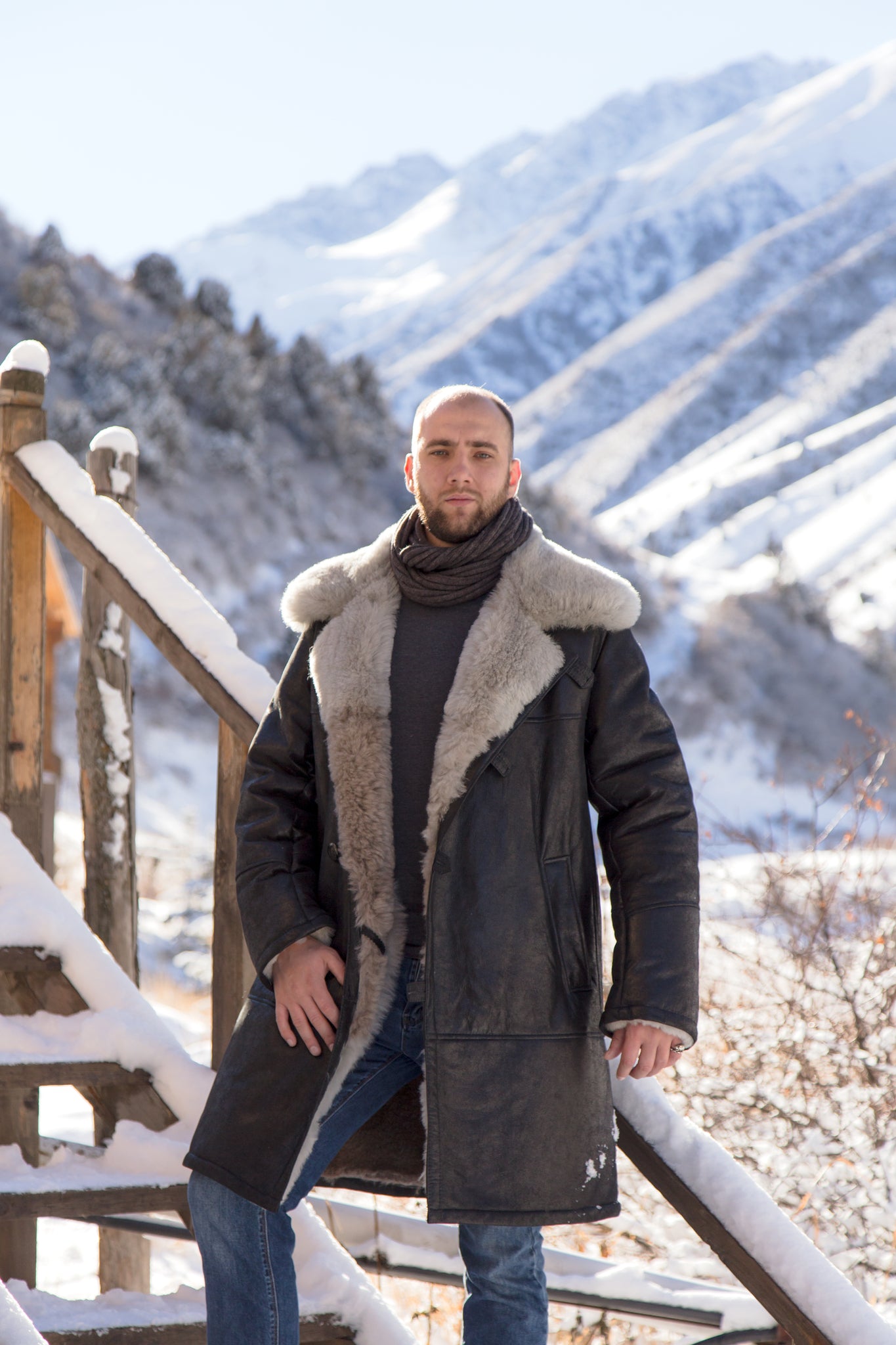 Mens Long Traditional Shearling Sheepskin Coat in Brown Color