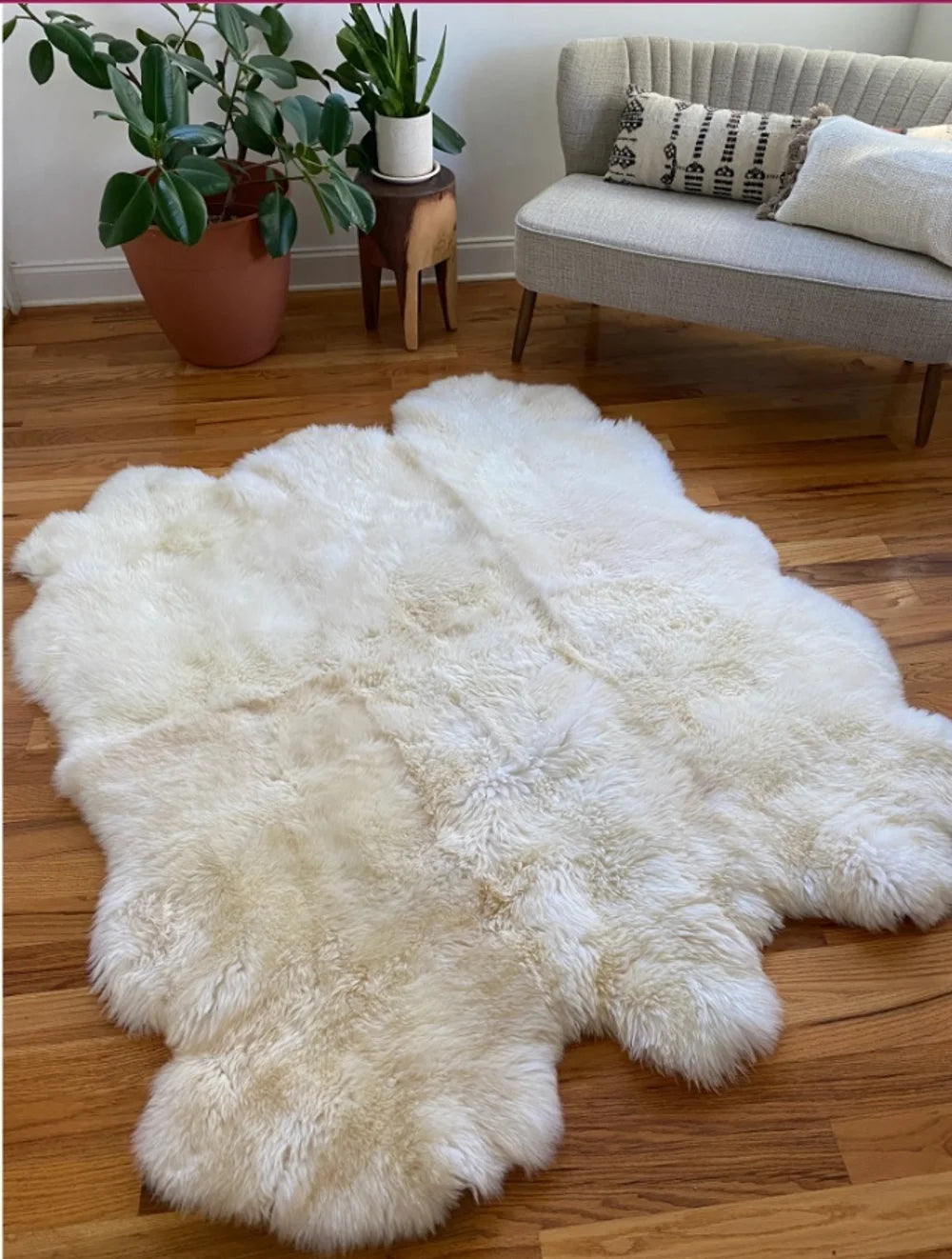 White rug made of six sheepskin hides with long pile, Shaggy Chair Throw, Home Area Rug , Natural Soft Sheepskin Floor Covering , Cozy and Soft