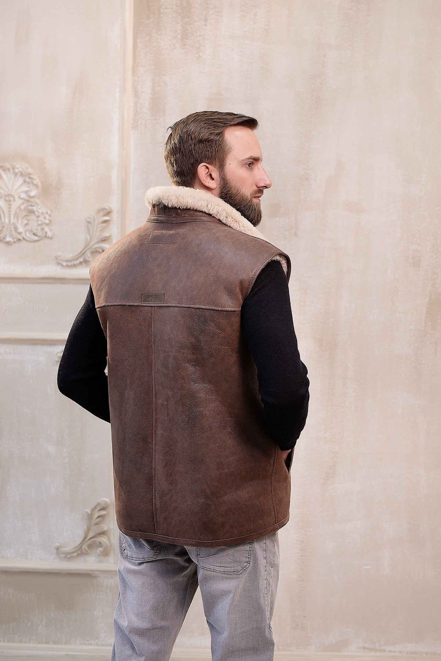 Brown Sheepskin Shearling Vest for Men with Soft Fur Collar