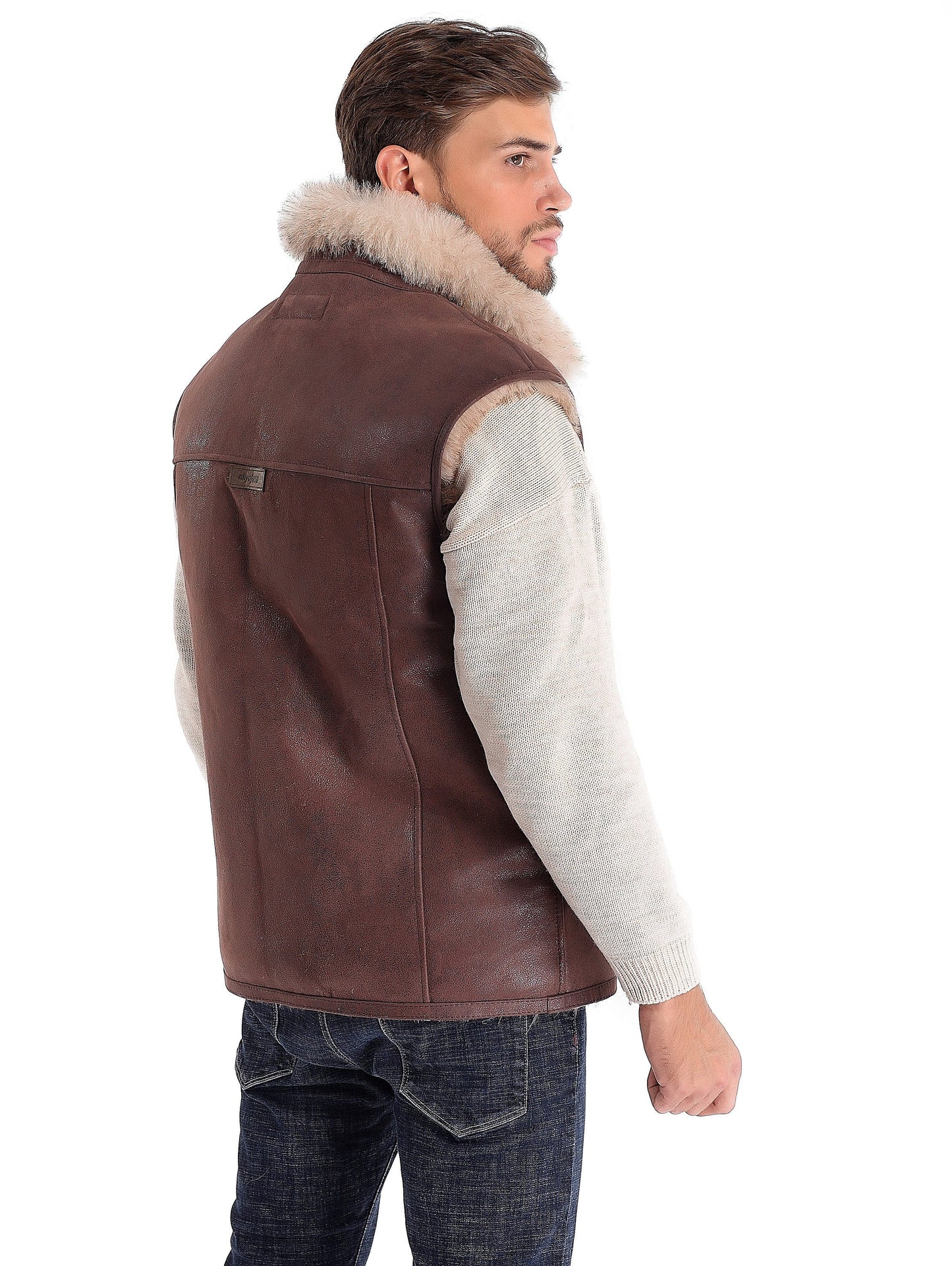 Brown Sheepskin Shearling Vest for Men with Soft Fur Collar