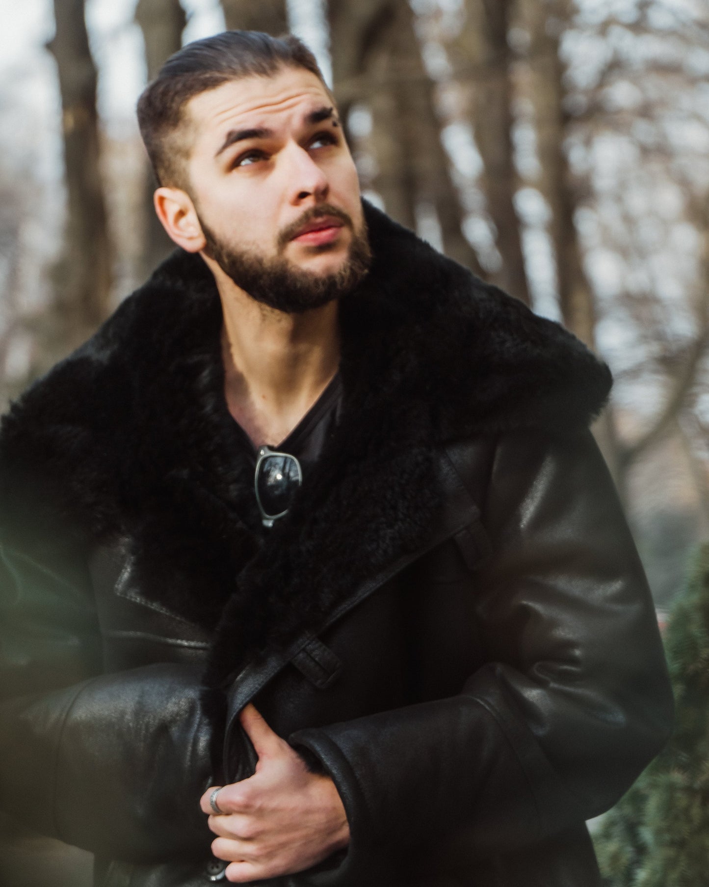 Mens Long Shearling Sheepskin Coat in Black Color with Wide Grey Fur Collar