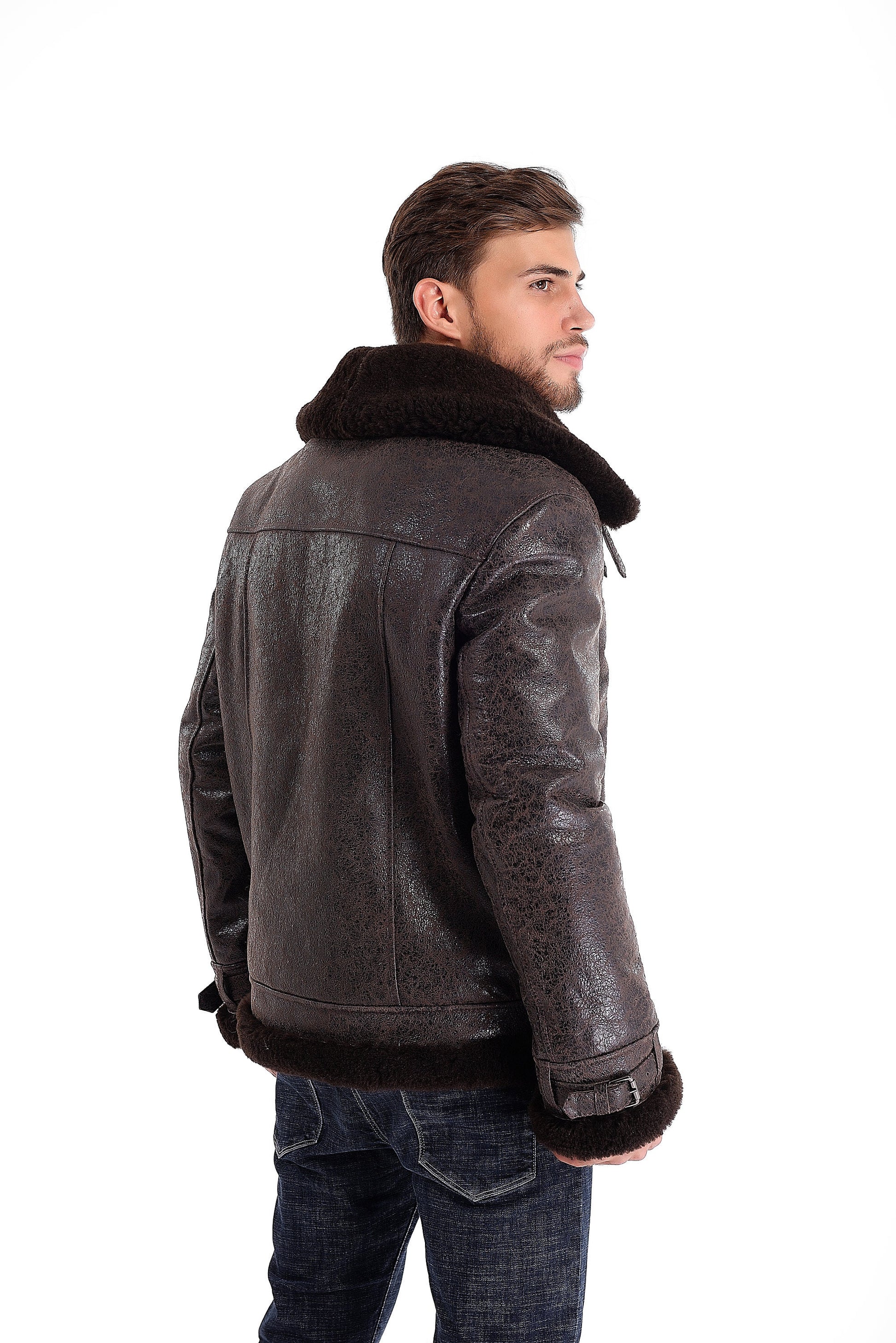 Real Shearling Sheepskin Leather Mens Pilot Jacket in Brown Color with Wide Collar