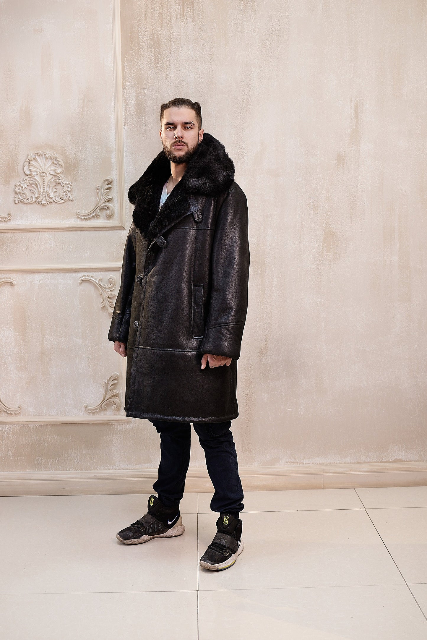 Mens Long Shearling Sheepskin Coat in Black Color with Wide Grey