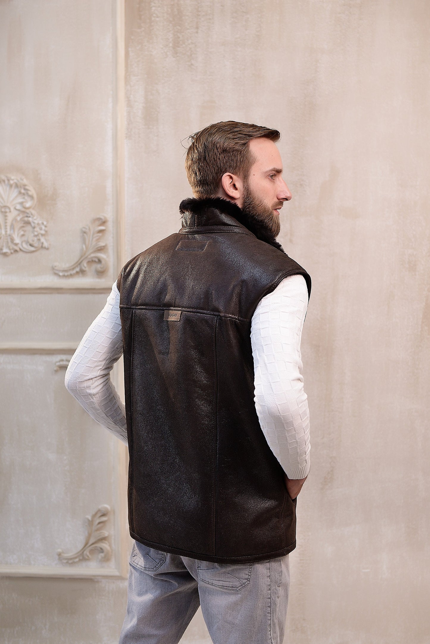 Dark Brown Sheepskin Vest with Dark Fur Lining and Side Pockets