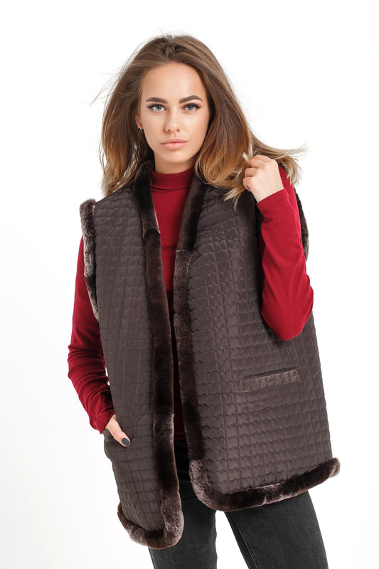 Womens Quilted Long Shearling Sheepskin Vest with Soft Fur Lining