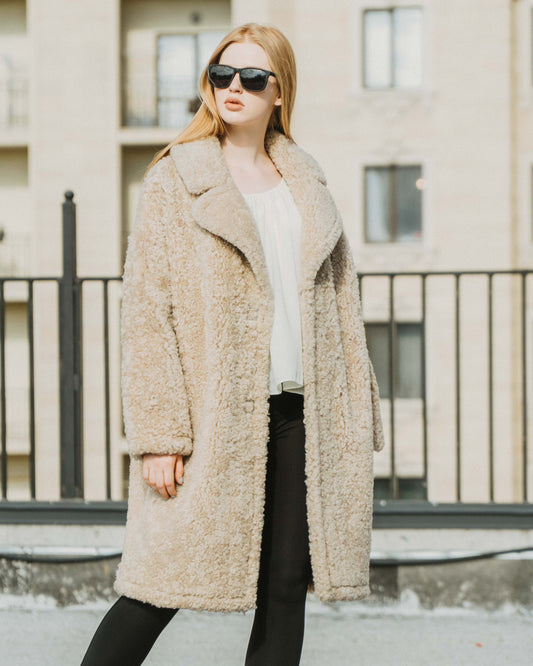 Long Oversize Womens Genuine Teddy Shearling Coat with Wide Collar Button Front in Beige Color