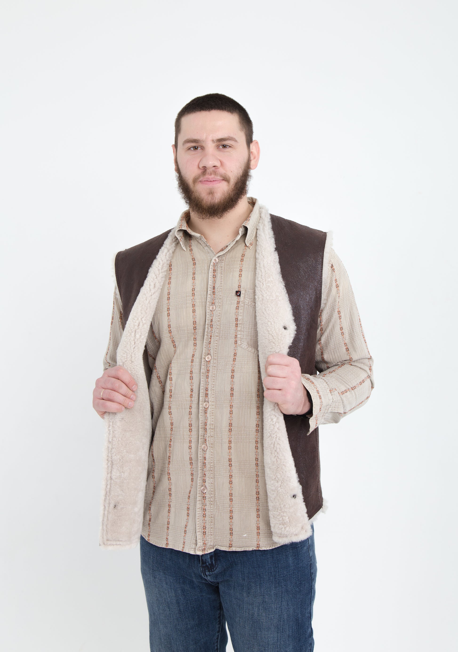 Cowboy Men's Thin Sheepskin Vest with Contrasting Light Fur Lining Front Button Closure