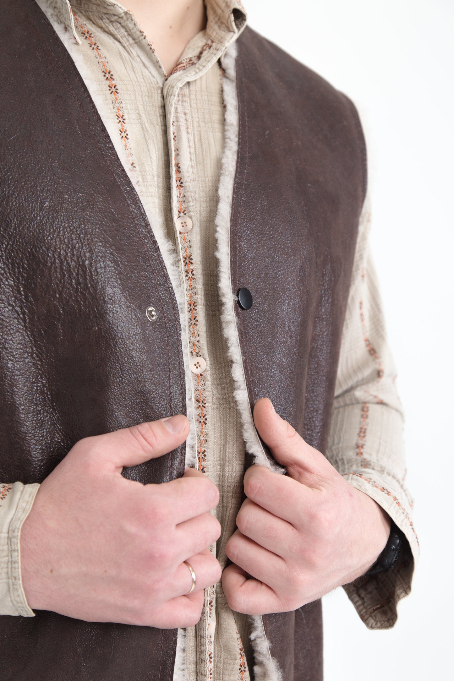 Cowboy Men's Thin Sheepskin Vest with Contrasting Light Fur Lining Front Button Closure