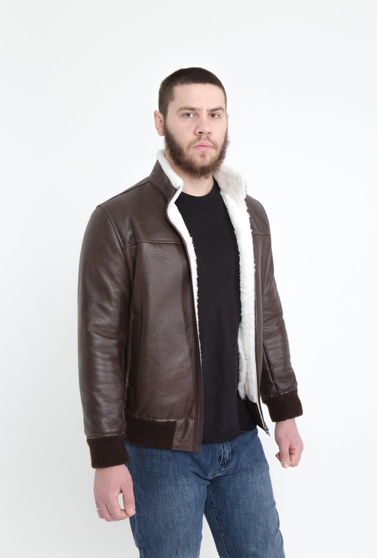Lightweight Real Shearling Sheepskin Leather Mens Jacket in Brown Color