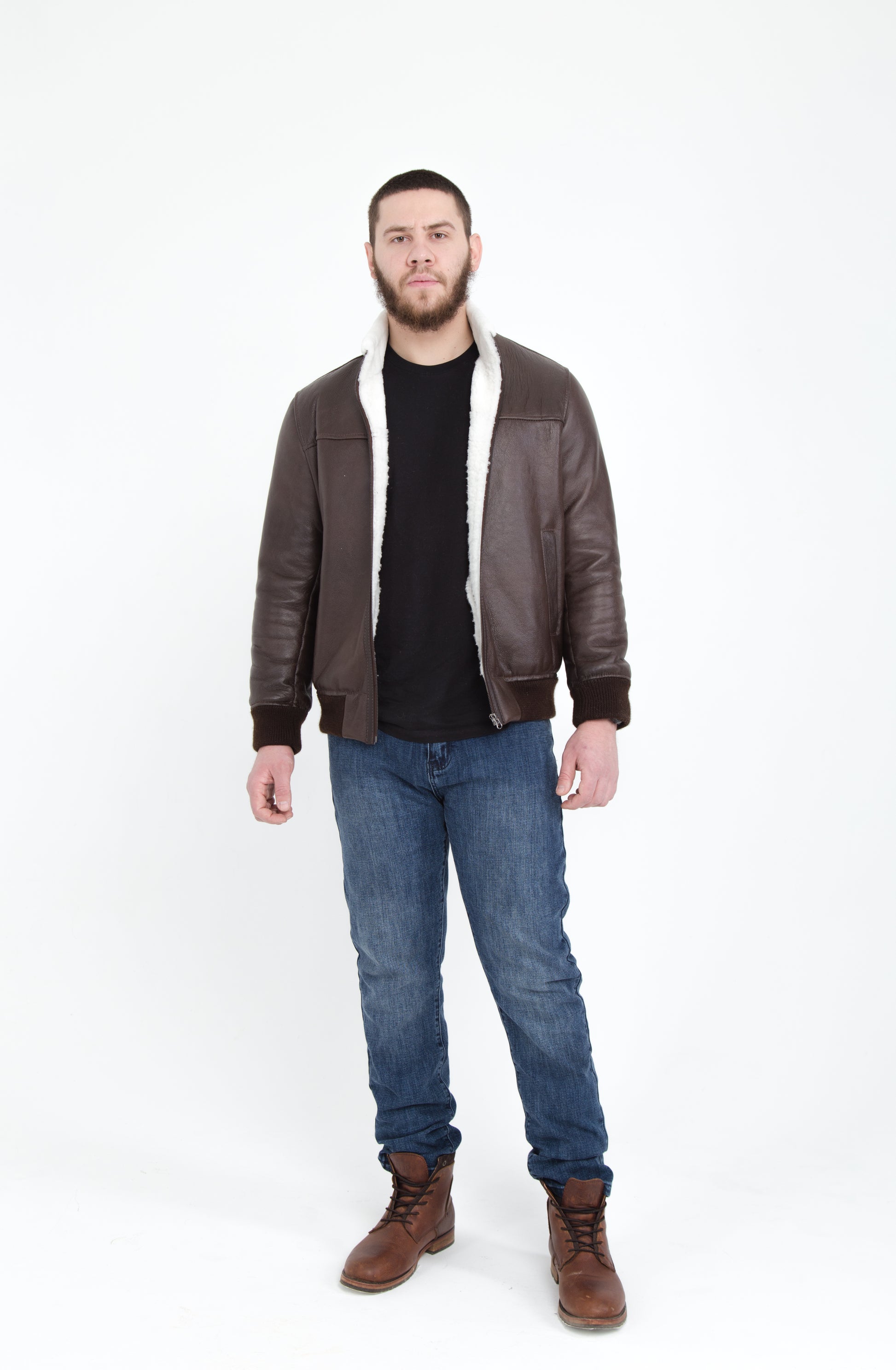 Lightweight Real Shearling Sheepskin Leather Mens Jacket in Brown Color
