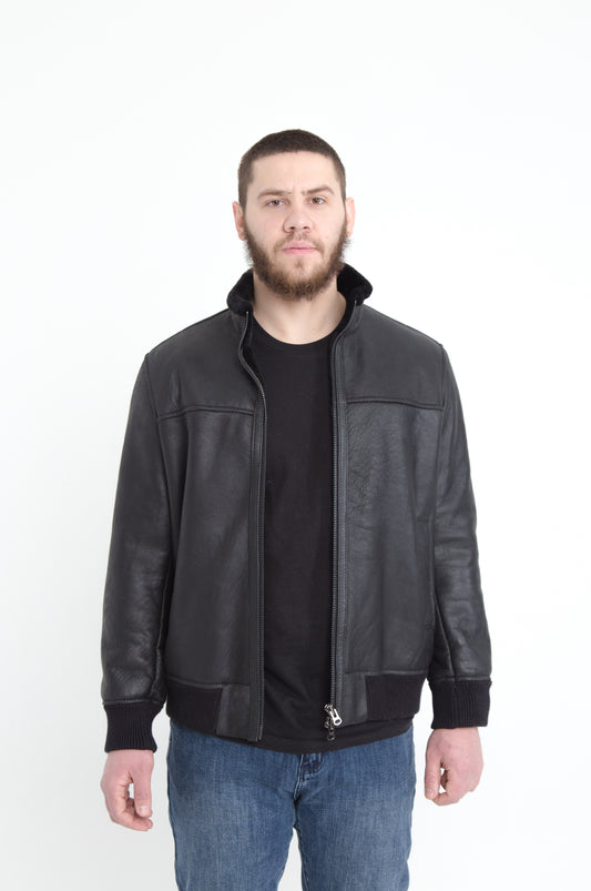 Lightweight Real Shearling Sheepskin Leather Mens Jacket in Black Color