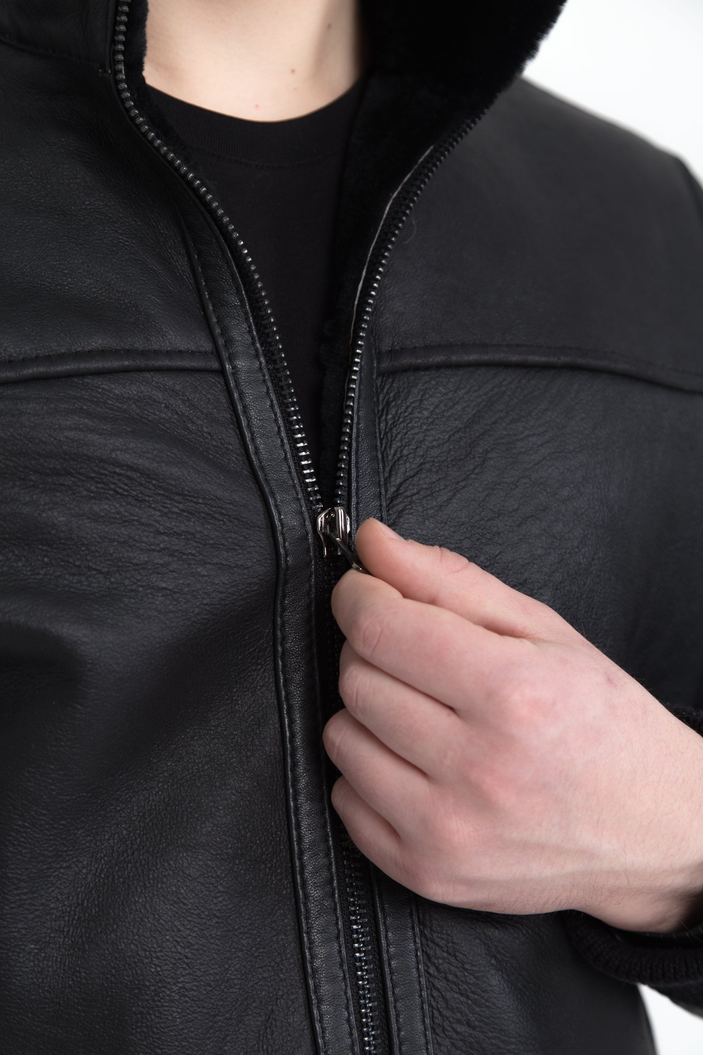 Lightweight Real Shearling Sheepskin Leather Mens Jacket in Black Color