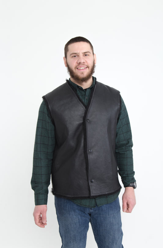 Cowboy Men's Black Thin Sheepskin Vest with Fur Lining and Front Button Closure