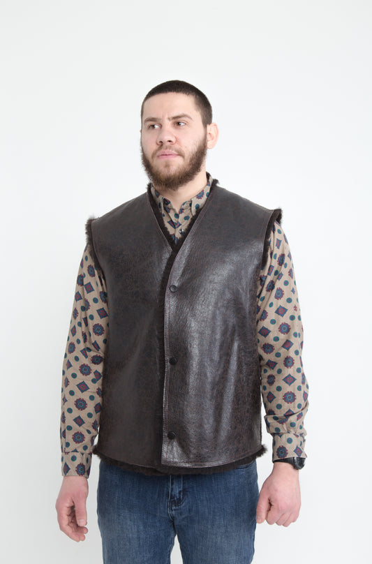 Cowboy Men's Dark Brown Thin Sheepskin Vest with Fur Lining and Front Button Closure