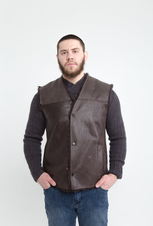 Cowboy Men's Brown Thin Sheepskin Vest with Fur Lining and Front Button Closure