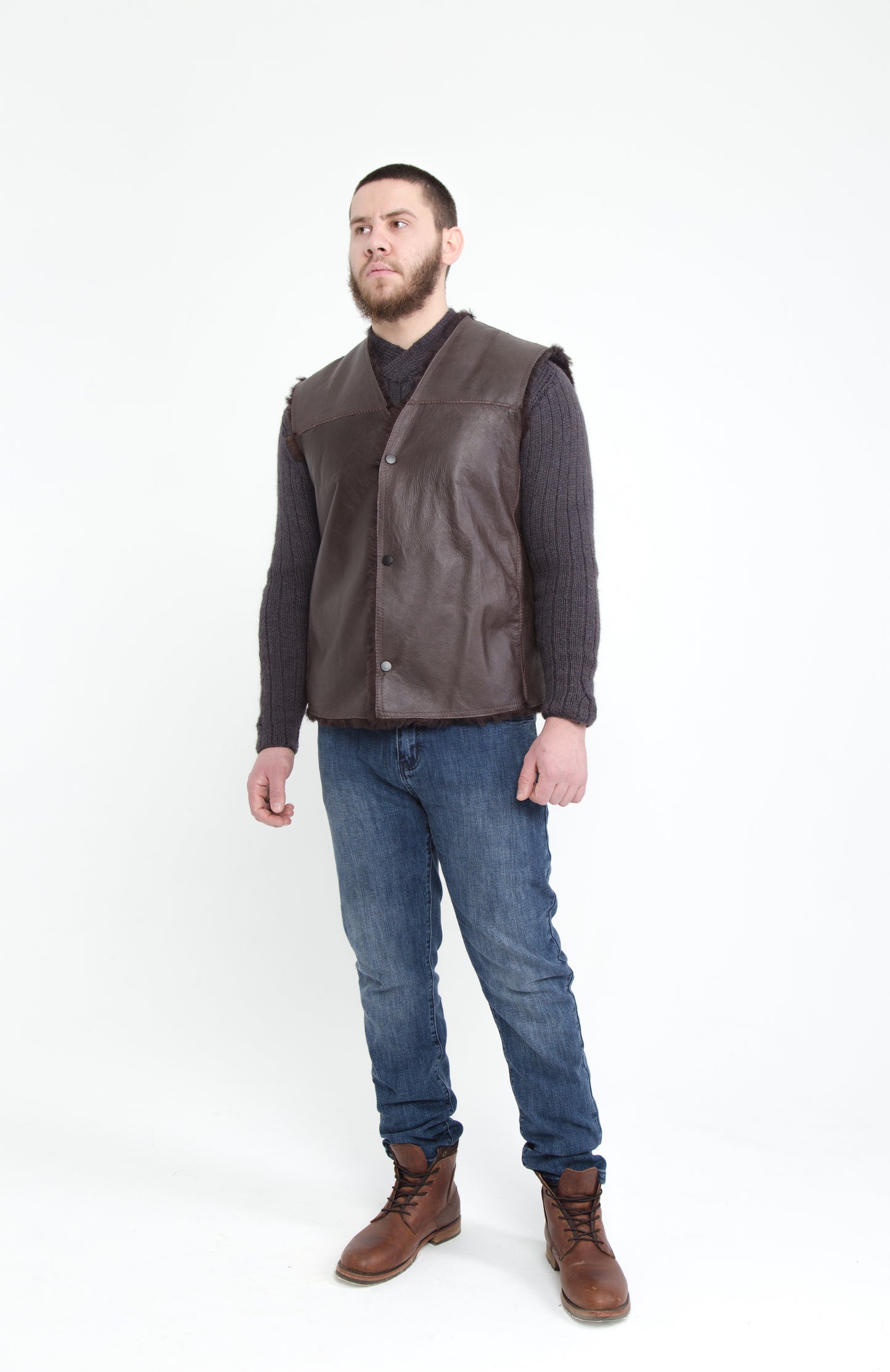 Cowboy Men's Brown Thin Sheepskin Vest with Fur Lining and Front Button Closure