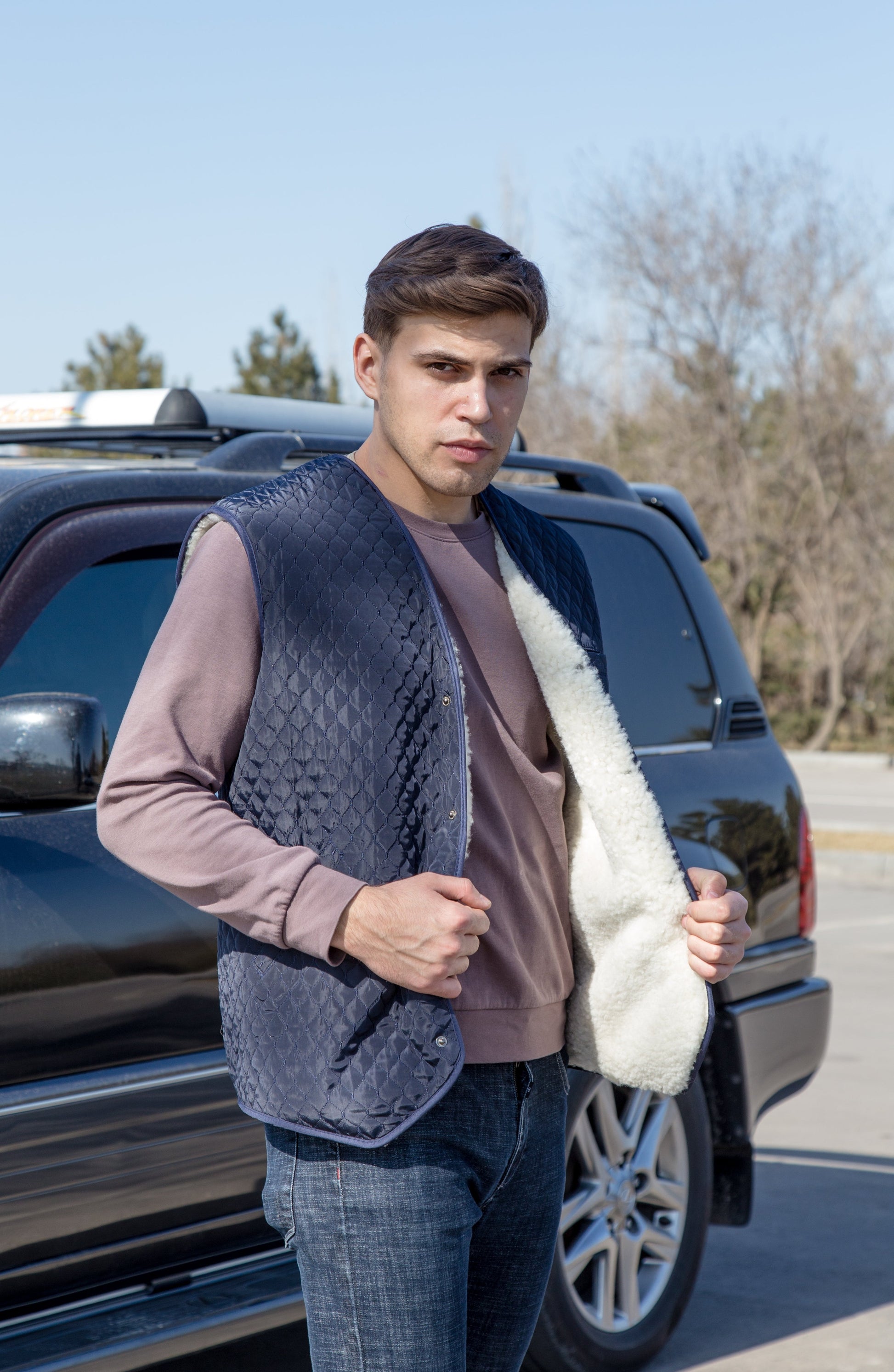 Warm Men Sleeveless Quilted Sheepskin Jacket, Vest Rancher, Western Styling With Pockets